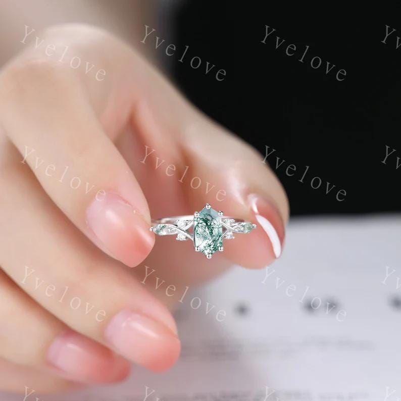 Unique Moss Agate Couples Ring White Gold Natural Agate Gem Matching Ring Set His and Hers Wedding Band Promise Ring For Men For Women Gift