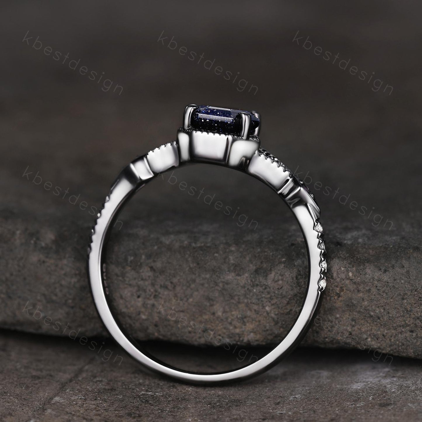 Coffin cut blue sandstone engagement ring Black gold ring Art deco milgrain amethyst wedding ring gothic galaxy ring bridal promise ring