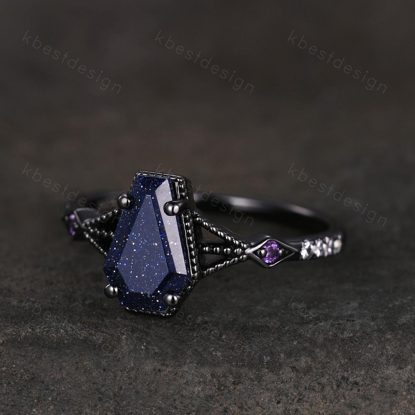 Coffin cut blue sandstone engagement ring Black gold ring Art deco milgrain amethyst wedding ring gothic galaxy ring bridal promise ring