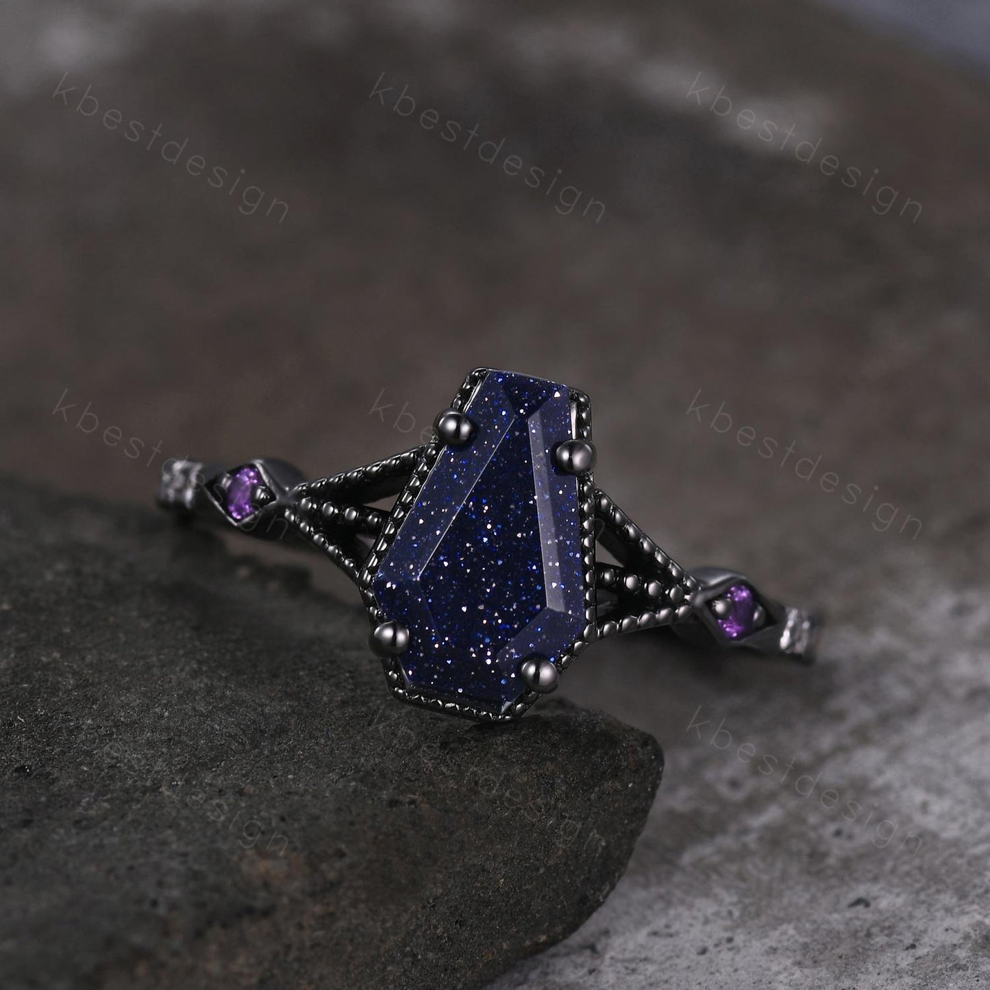 Coffin cut blue sandstone engagement ring Black gold ring Art deco milgrain amethyst wedding ring gothic galaxy ring bridal promise ring