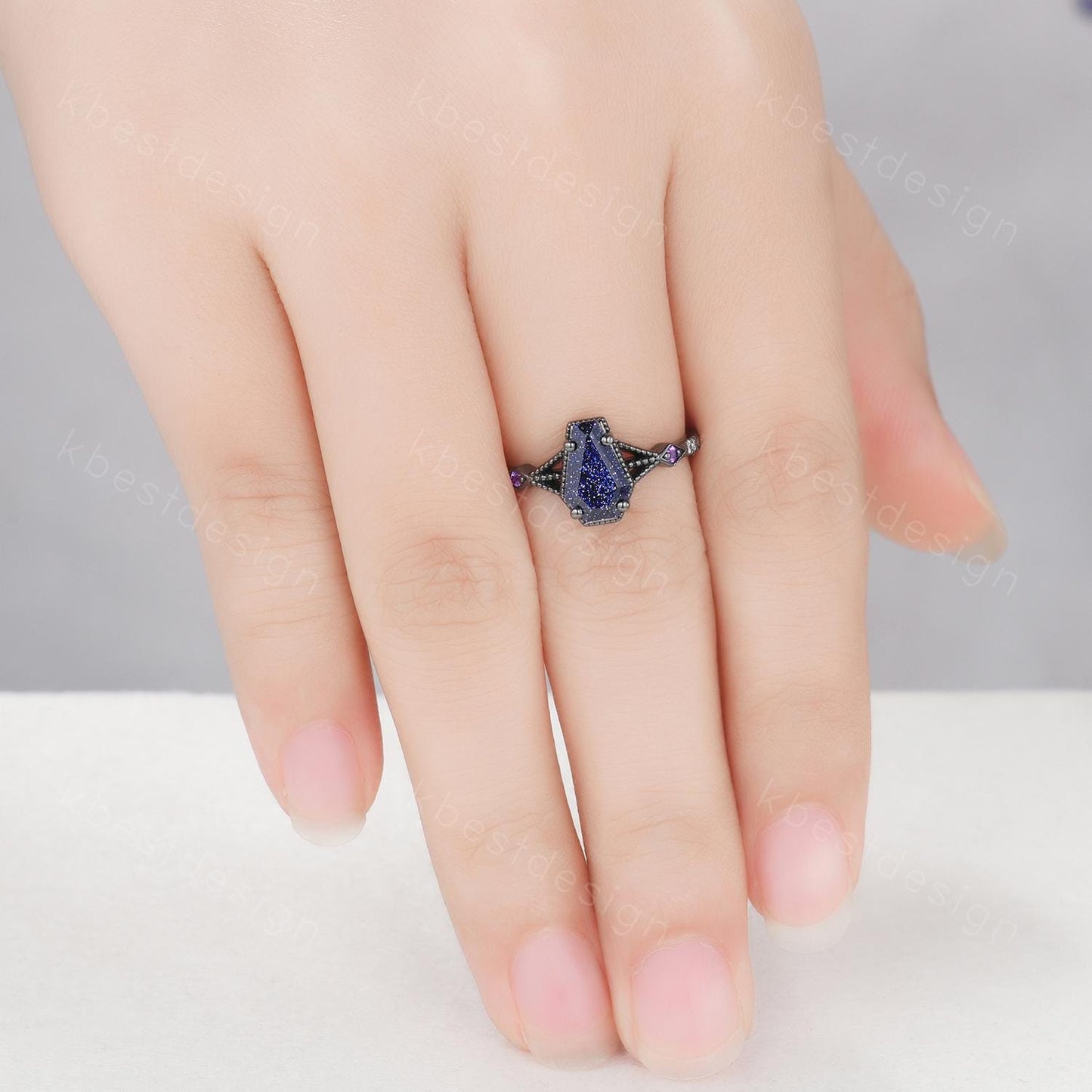Coffin cut blue sandstone engagement ring Black gold ring Art deco milgrain amethyst wedding ring gothic galaxy ring bridal promise ring