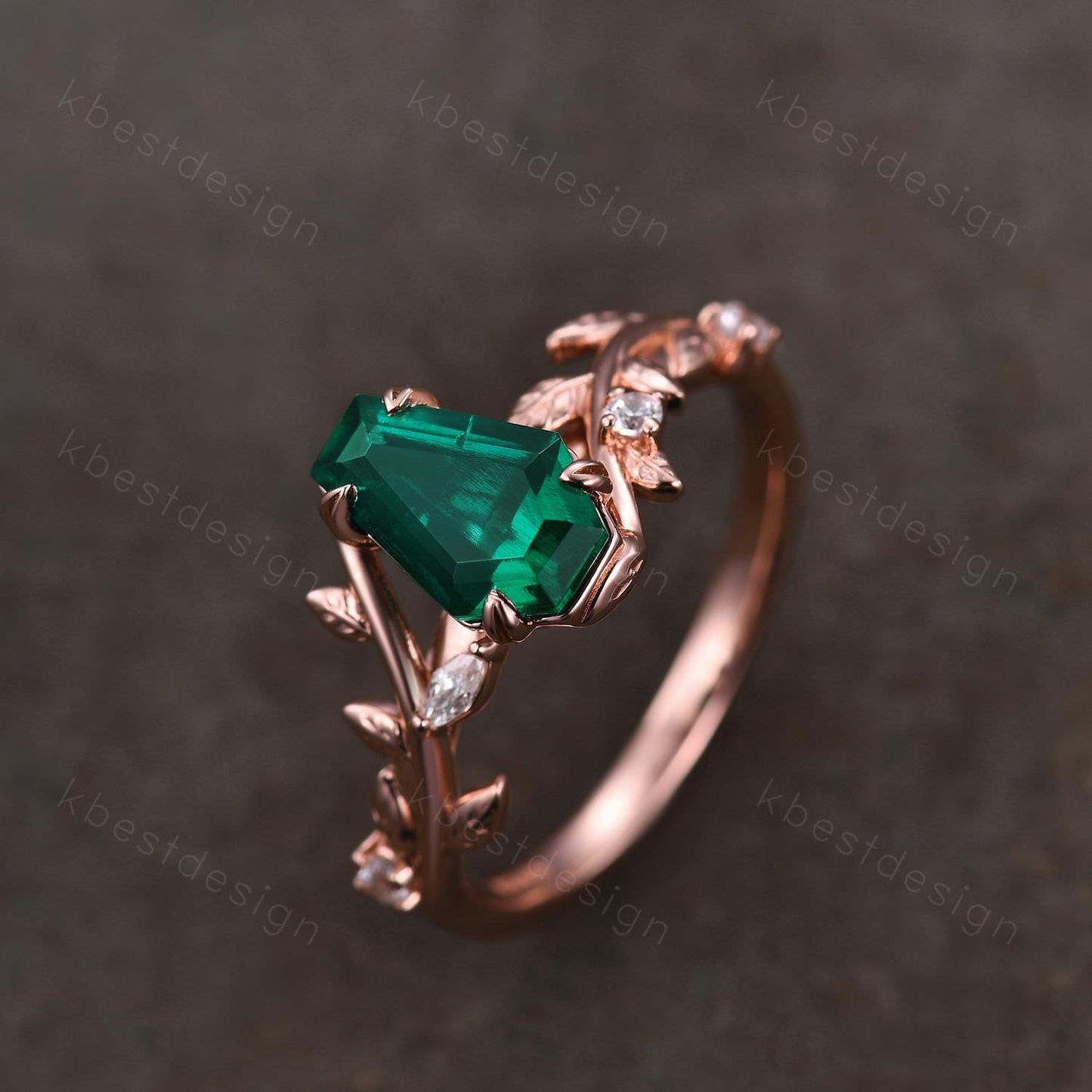 Vintage coffin green emerald engagement ring rose gold twig leaf moissanite wedding ring nature inspired ring Emerald bridal promise ring