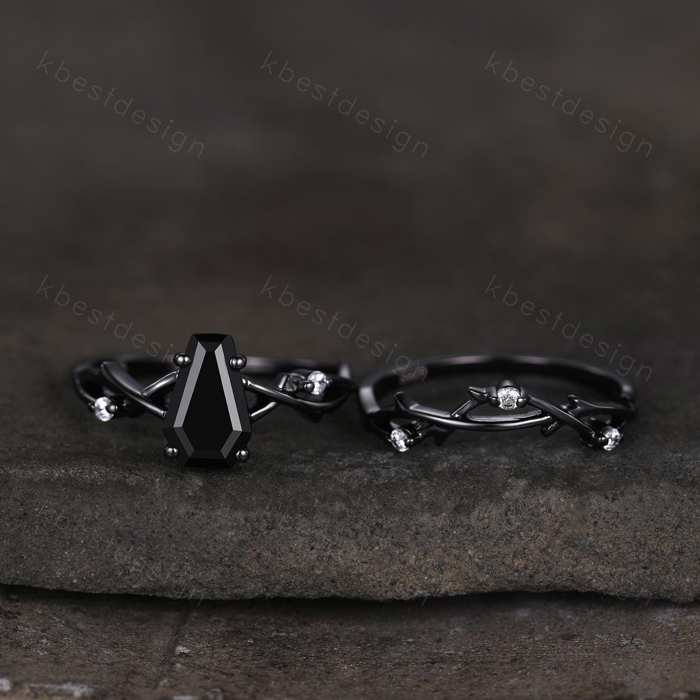 Vintage coffin cut black onyx engagement ring set black gold twig twisted moissanite ring nature branch ring unique bridal wedding ring set