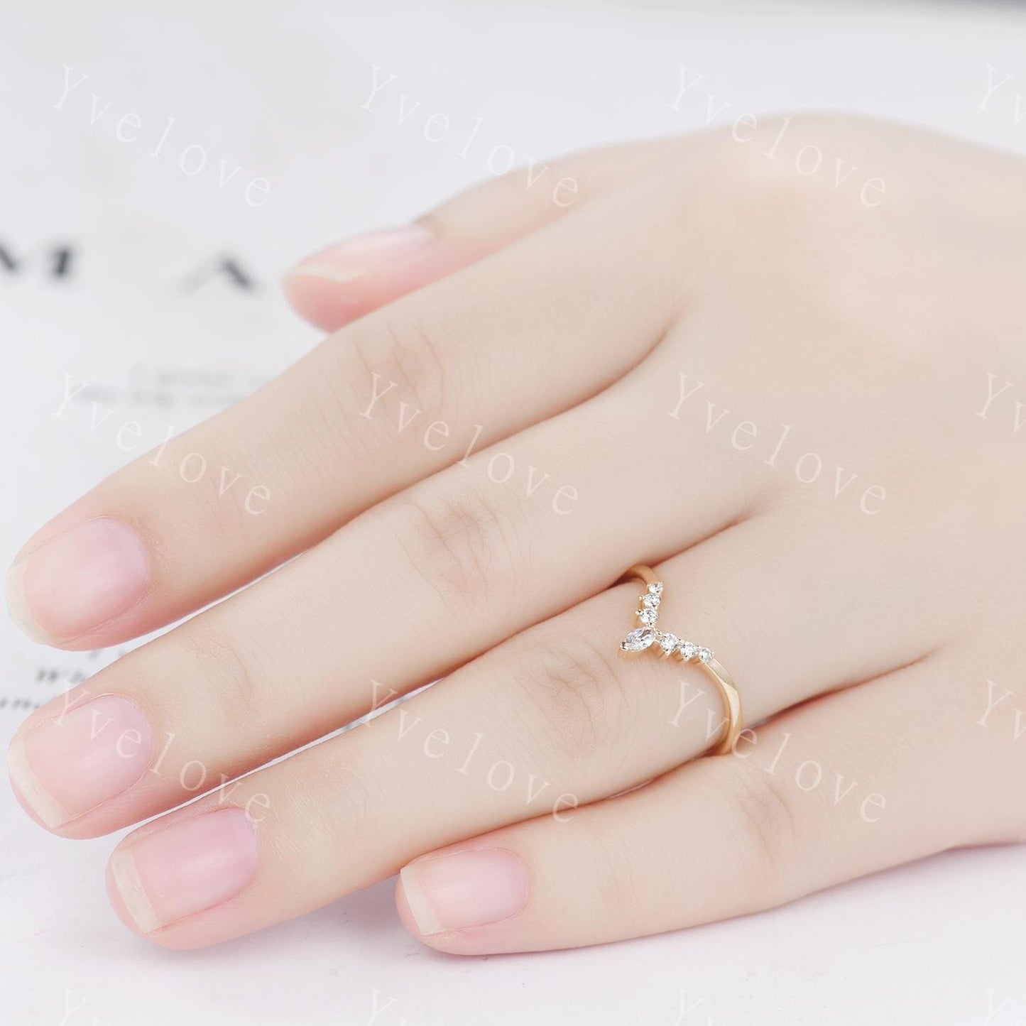 Dainty Marquise Moissanite Wedding Band Solid Gold Curve Ring,V Shaped Chevron Ring Diamond Stackable Matching Band Handmade Gift For Her