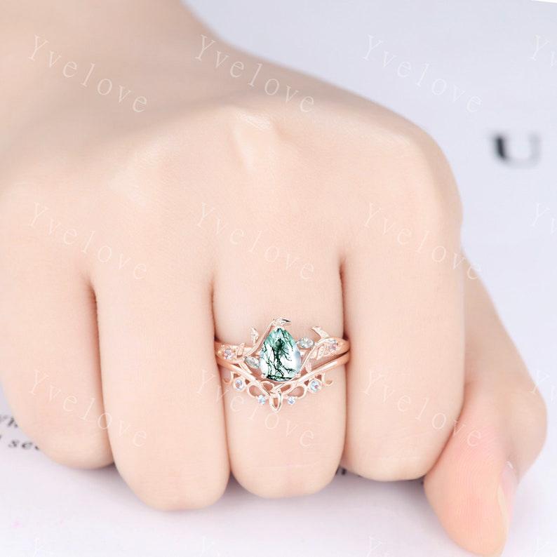 Teardrop Moss Agate Engagement ring 14K Rose Gold Leaf Nature Inspired Bridal Sets Promise Ring Green Gemstone Ring Jewelry gifts for her