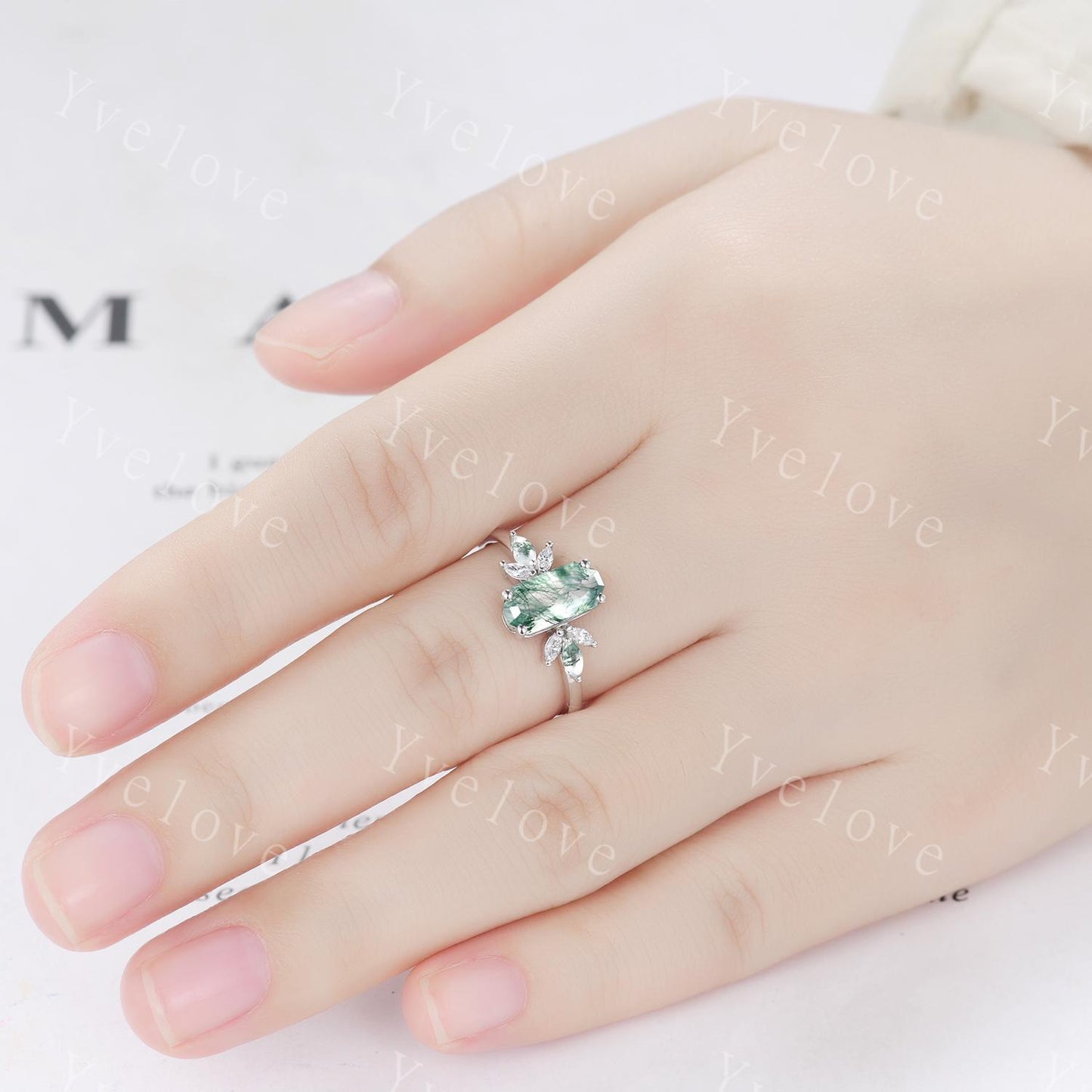 Vintage Emerald cut Moss Agate Engagement Ring Set,Unique Bridal Set Marquise Moissanite Emerald Wedding Band Promise Ring Gift 925 Silver
