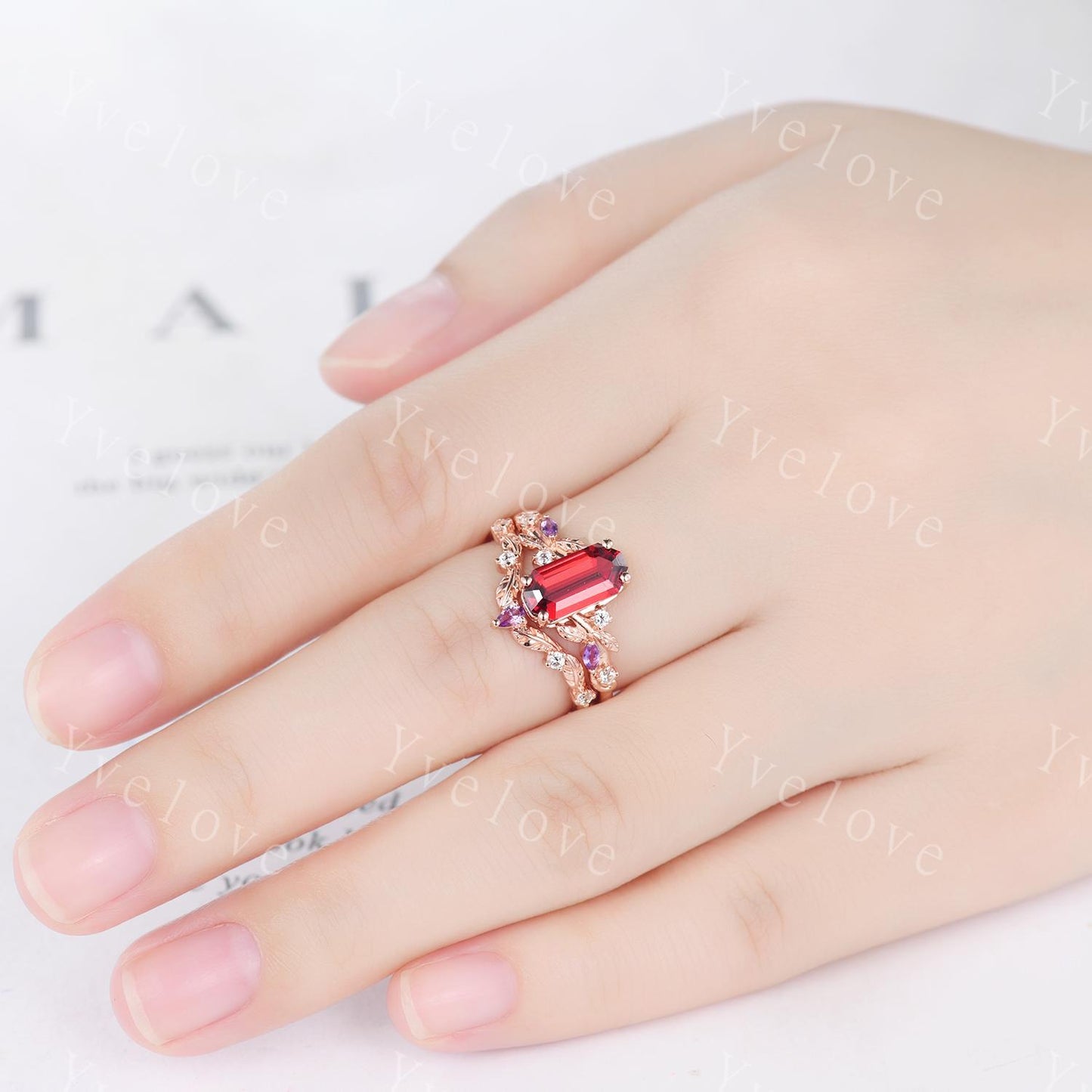 Emerald cut red garnet engagement ring,Art deco leaves amethyst ring,14k rose gold,diamond stacking wedding band,Unique Bridal Promise Gift