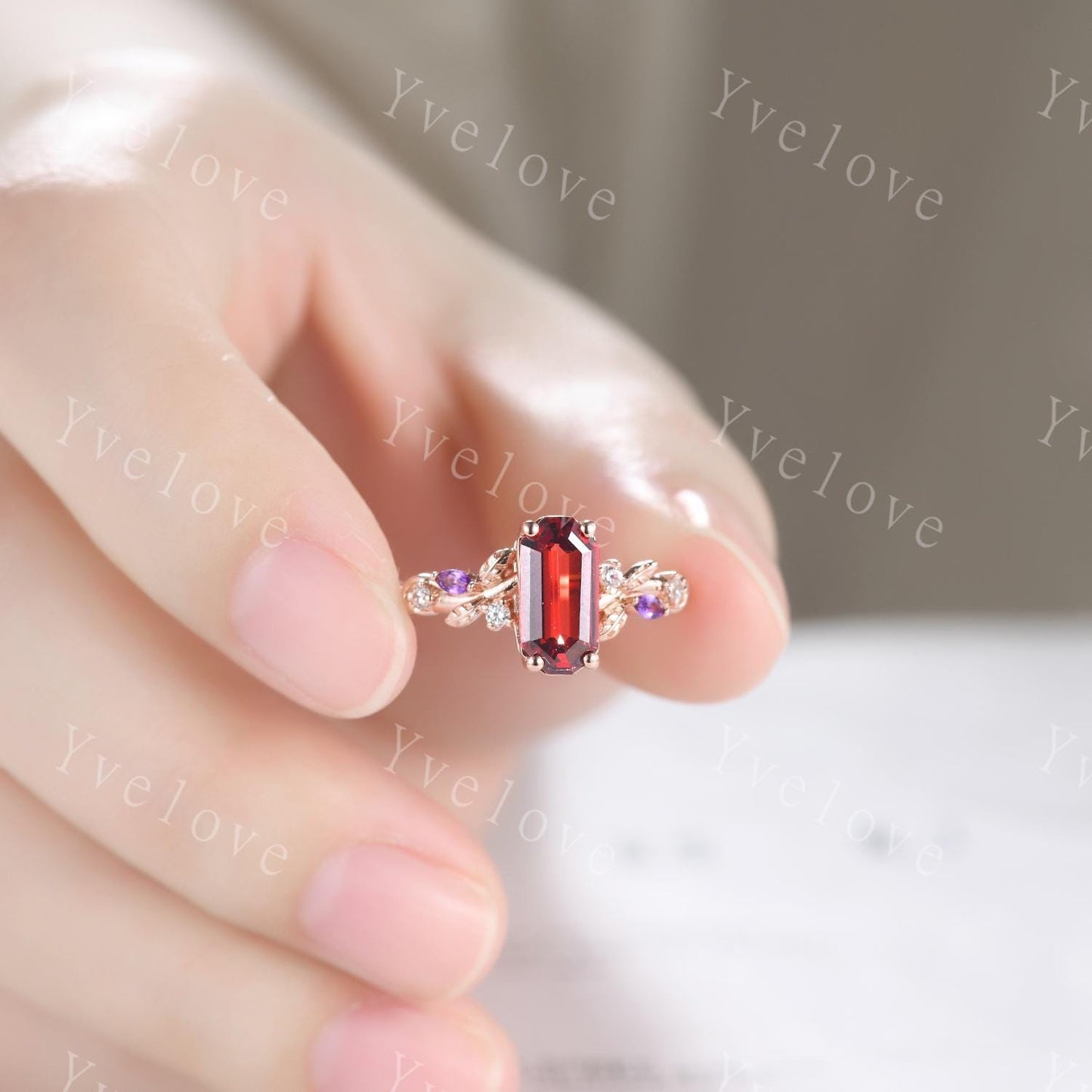 Emerald red garnet engagement ring set,Art deco leaves amethyst ring,rose gold,diamond stacking wedding band,Unique Bridal Promise Gift