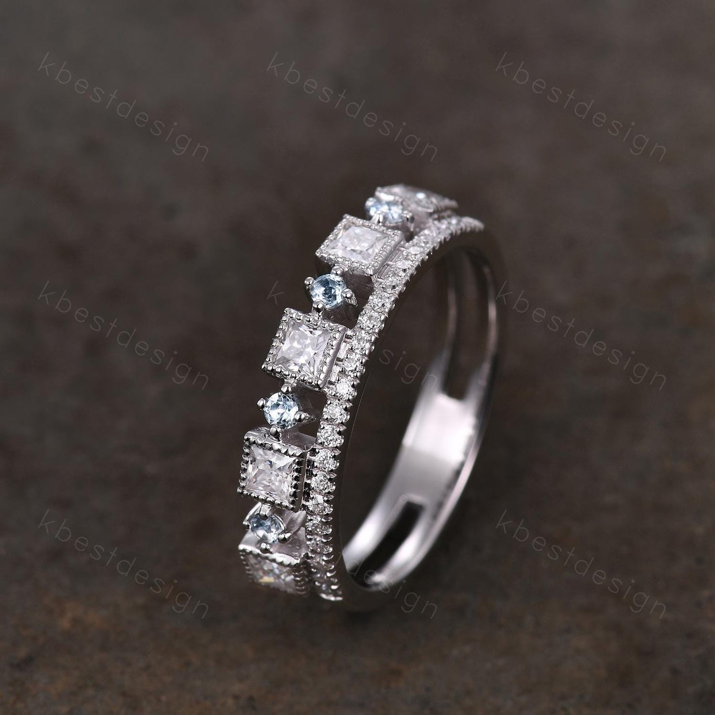 2mm princess cut Moissanite wedding band white gold milgrain bezel set wedding band art deco stacking matching band unique anniversary gift