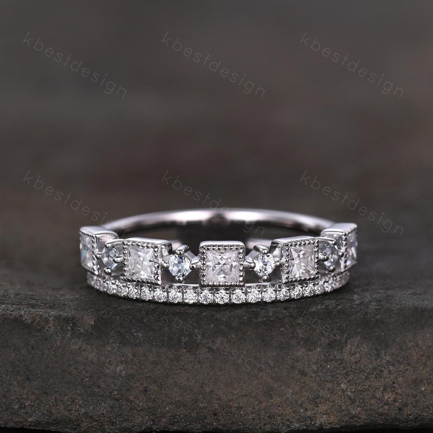 2mm princess cut Moissanite wedding band white gold milgrain bezel set wedding band art deco stacking matching band unique anniversary gift