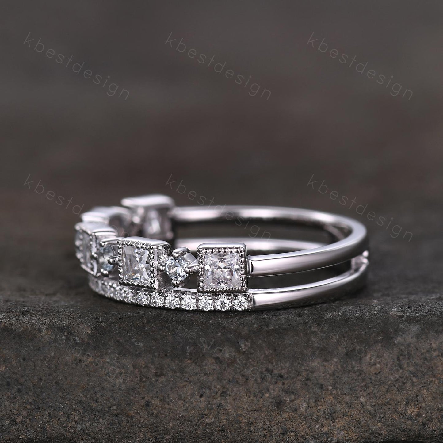 2mm princess cut Moissanite wedding band white gold milgrain bezel set wedding band art deco stacking matching band unique anniversary gift