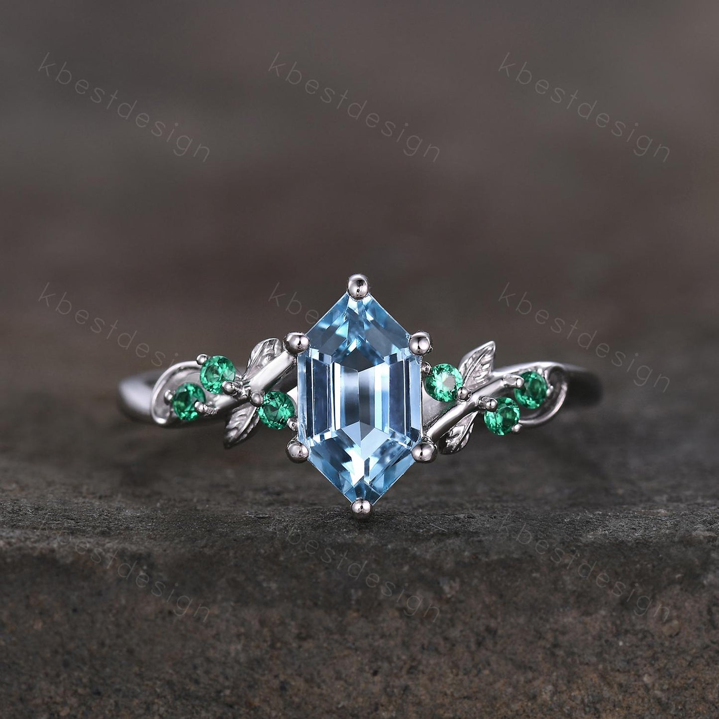 Vintage blue topaz engagement ring unique hexagon cut ring Art deco leaf design emerald ring nature inspired ring December promise ring