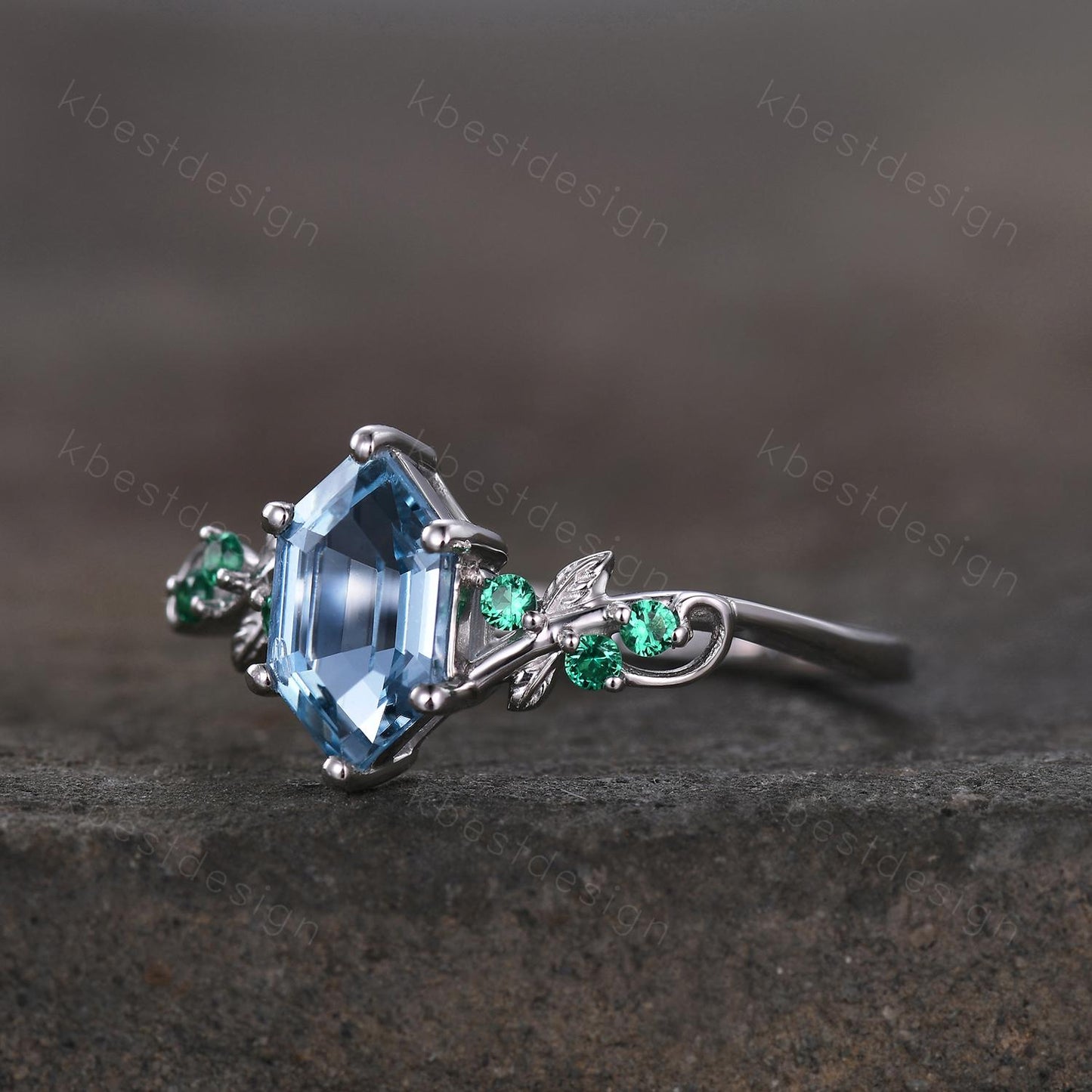 Vintage blue topaz engagement ring unique hexagon cut ring Art deco leaf design emerald ring nature inspired ring December promise ring