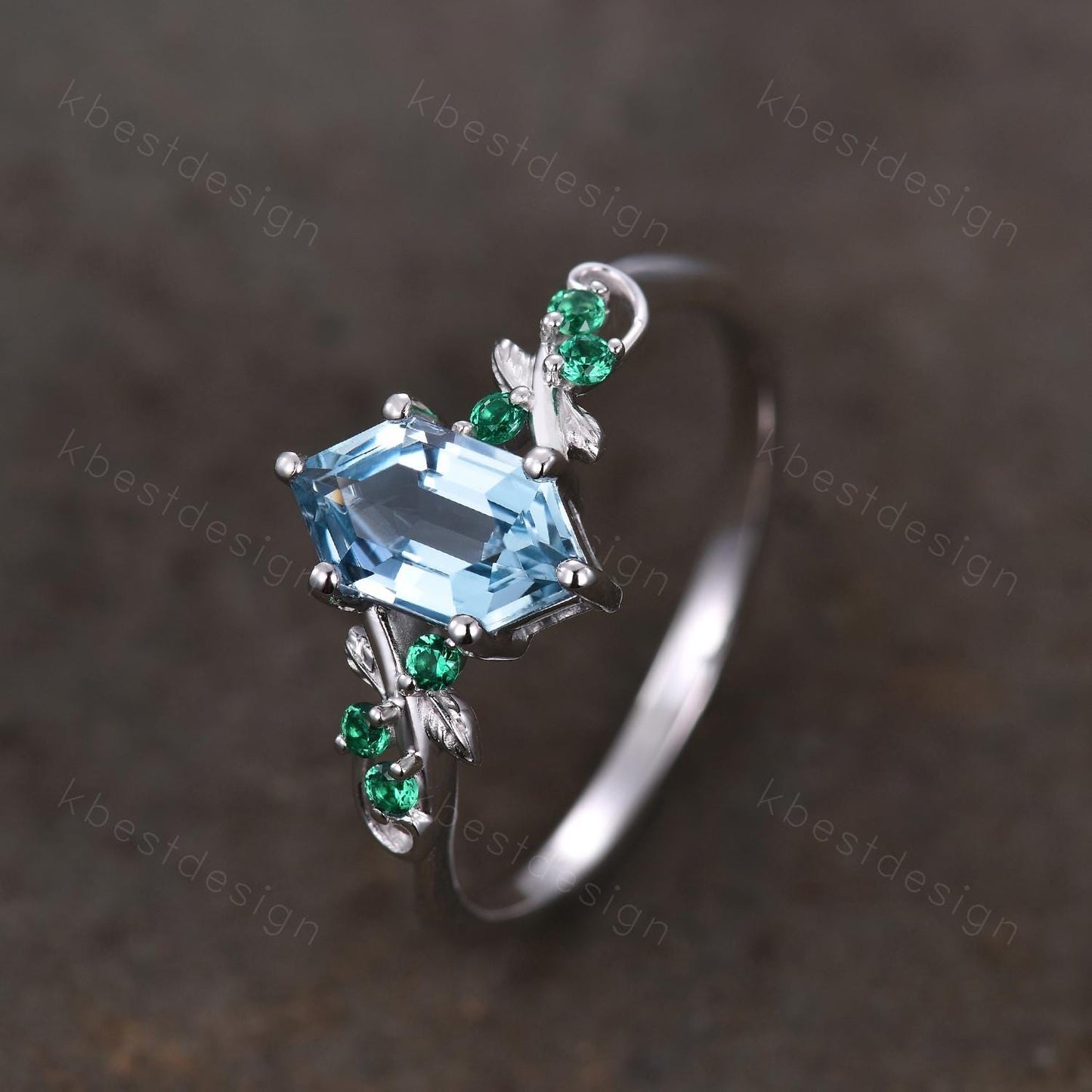 Vintage blue topaz engagement ring unique hexagon cut ring Art deco leaf design emerald ring nature inspired ring December promise ring