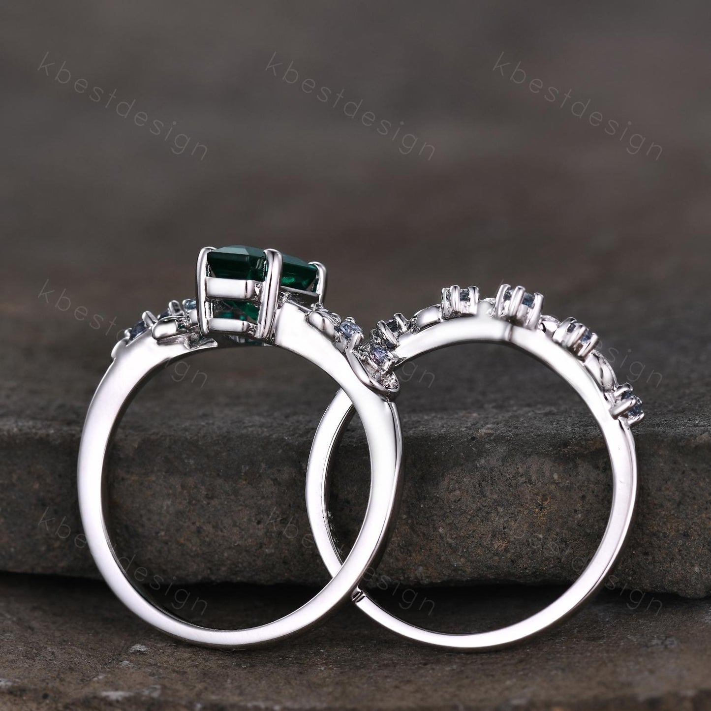 Vintage Coffin cut Emerald Engagement Ring Art Deco Branch Design Leaf Ring Alexandrite Stacking Band Unique Bridal Promise Ring Set