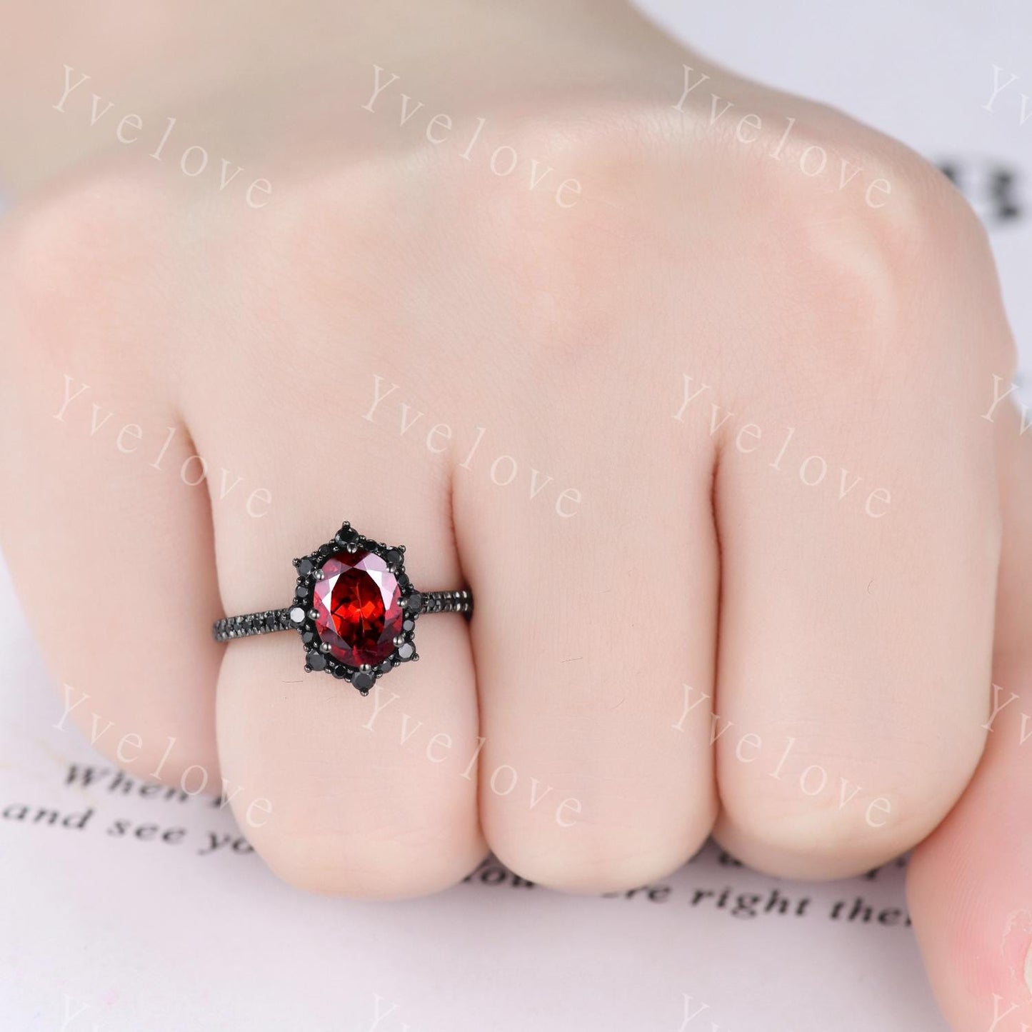 Gothic Oval Shape Red Garnet Engagement Ring Set,Black Gold Black Diamond Promise Ring Set Unique Rhodium Black Witchy Ring Bridal Set Gift