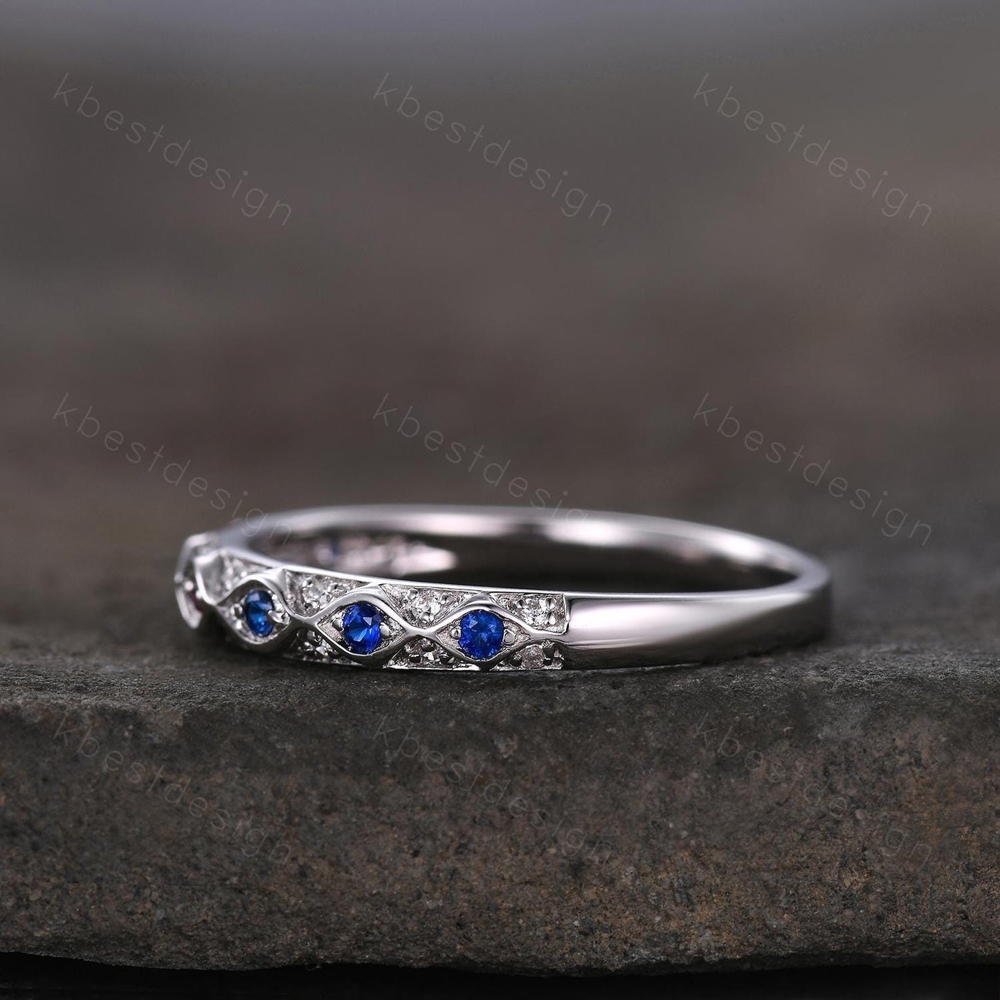 Antique Blue Sapphire Wedding Band Women Vintage Ruby Wedding Band Multi Gemstone Band Art Deco Stacking Matching Band Anniversary Ring