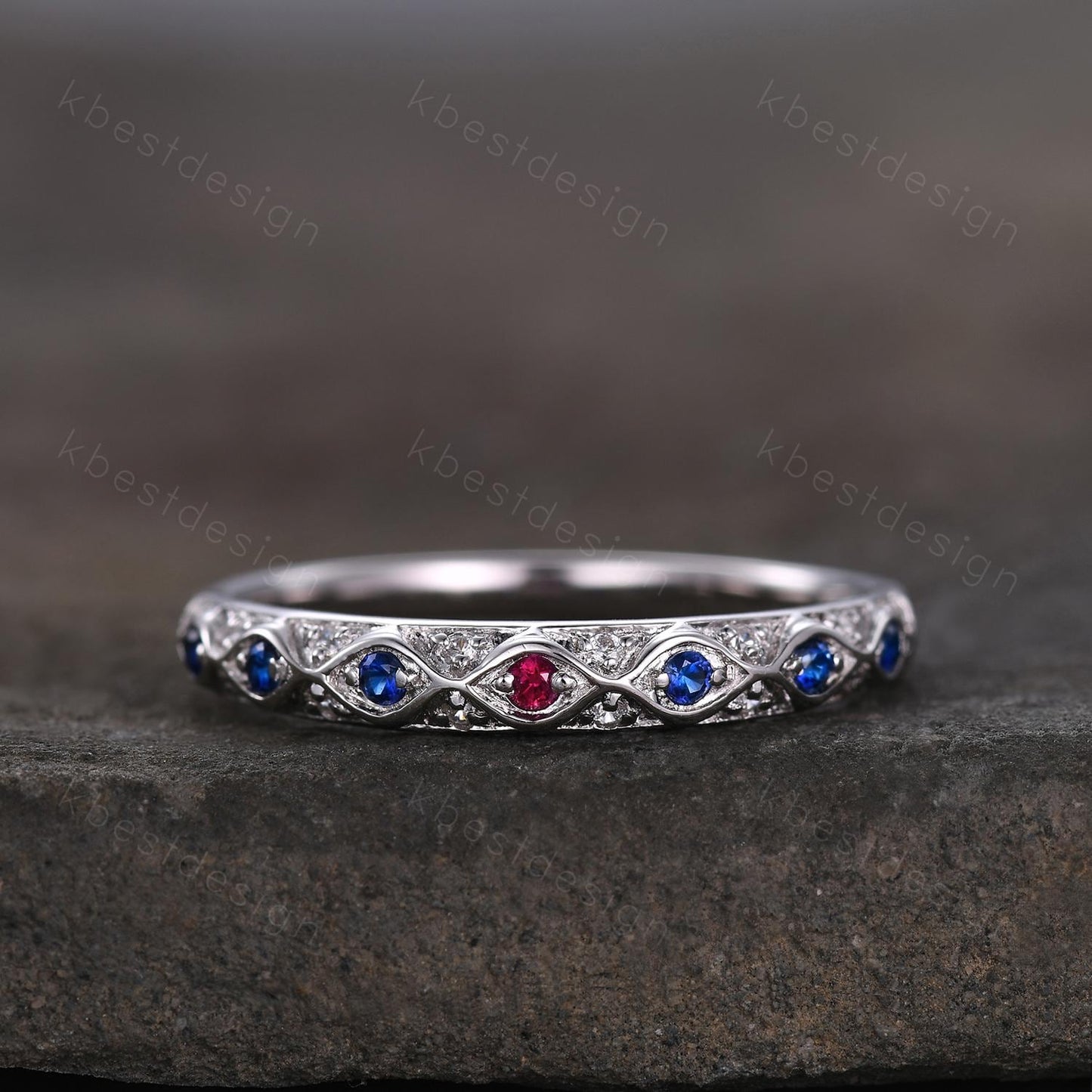 Antique Blue Sapphire Wedding Band Women Vintage Ruby Wedding Band Multi Gemstone Band Art Deco Stacking Matching Band Anniversary Ring