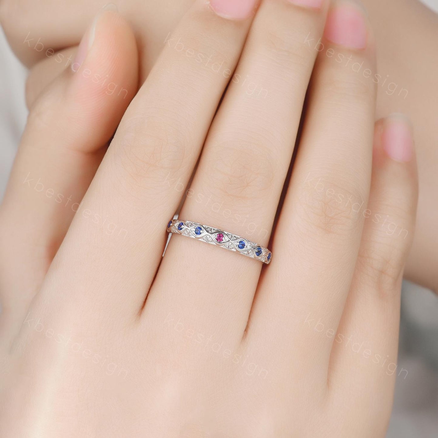 Antique Blue Sapphire Wedding Band Women Vintage Ruby Wedding Band Multi Gemstone Band Art Deco Stacking Matching Band Anniversary Ring