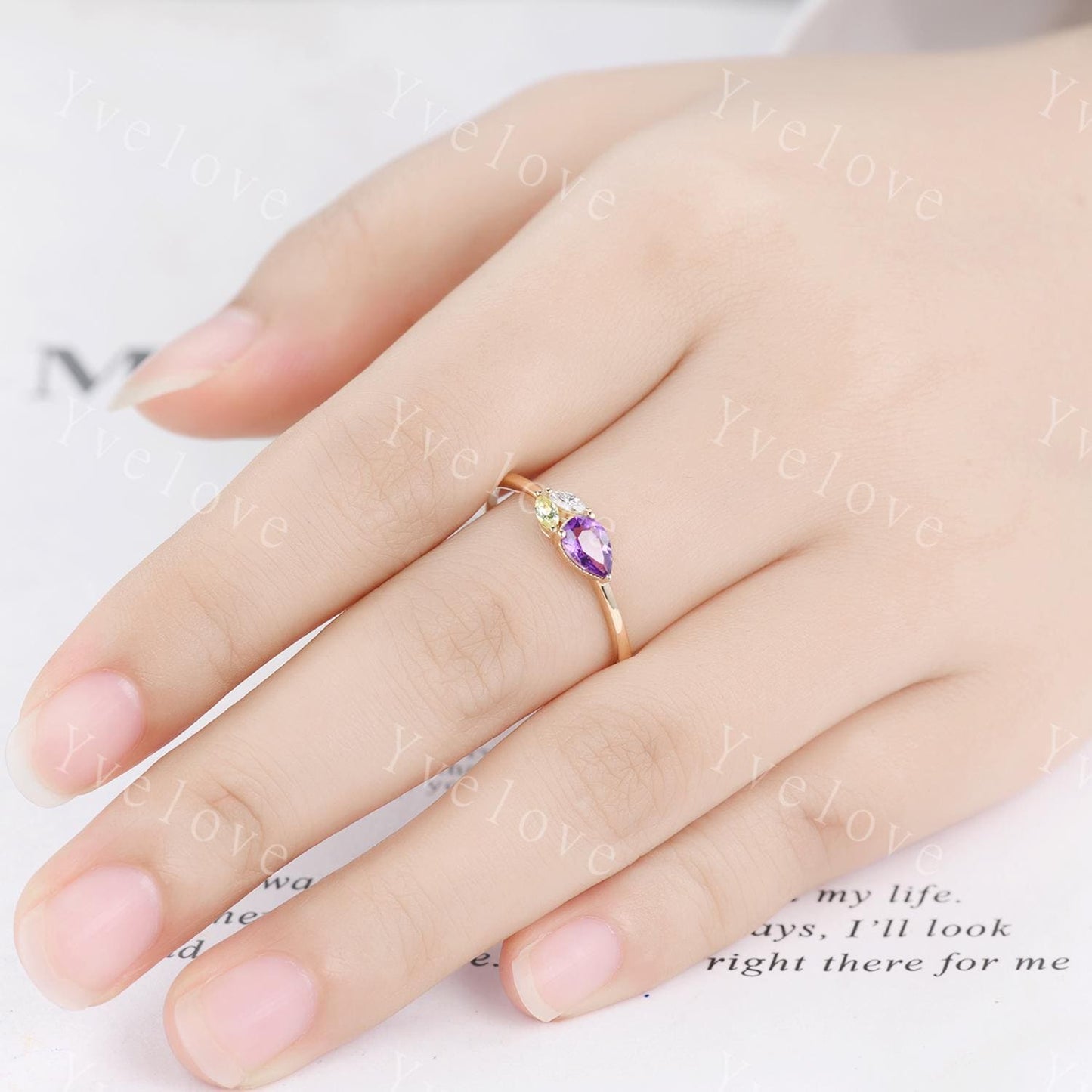 Minimalist Amethyst Engagement Ring,Pear Cut Gem,Art Deco Peridot Moissanite Wedding Band,3 Stone Unique Women Bridal Leaf Cluster Ring Gift