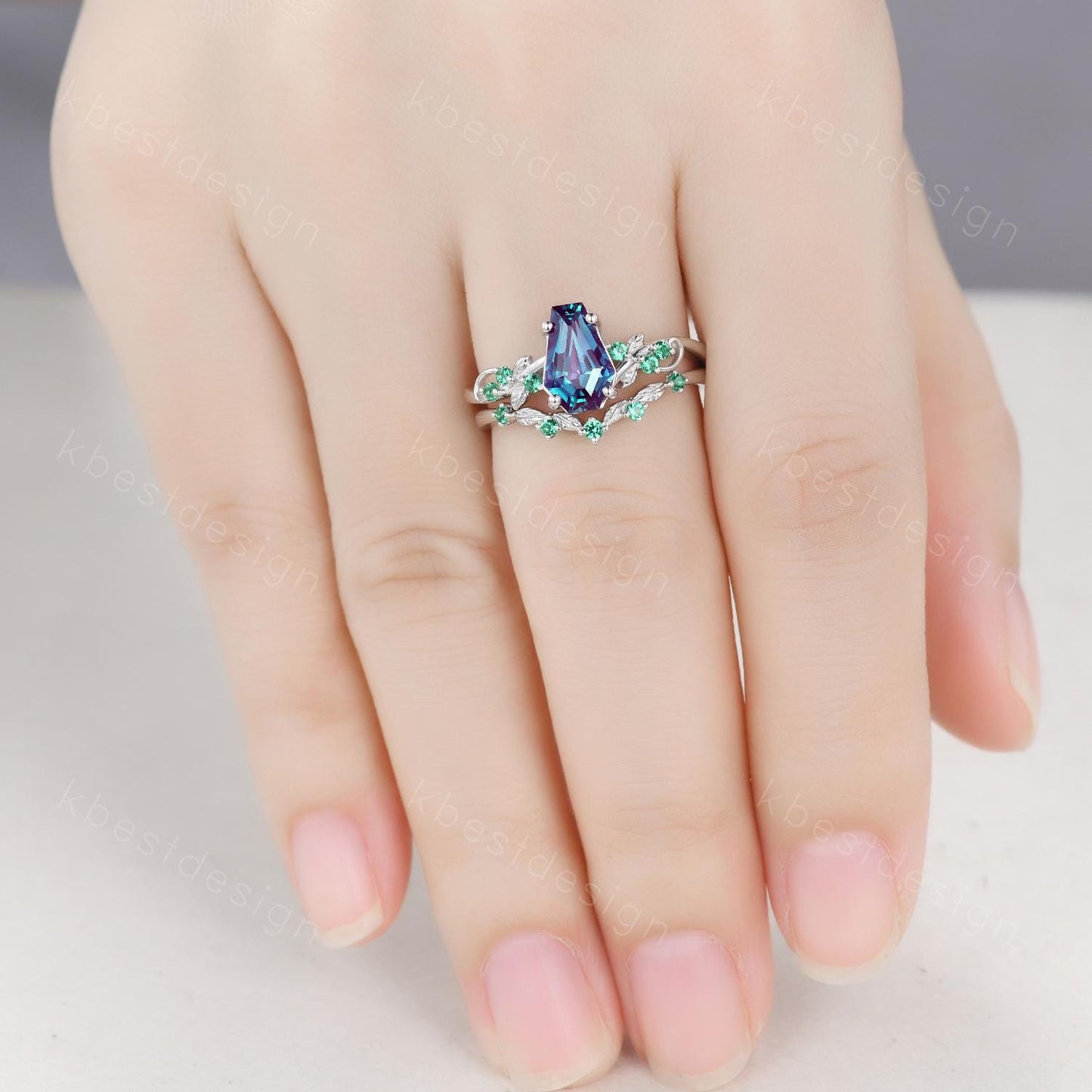 Coffin cut Alexandrite Engagement Ring Set Art Deco Branch Design Leaf Ring Curved Emerald Stacking Band Unique Bridal Promise Ring Gift