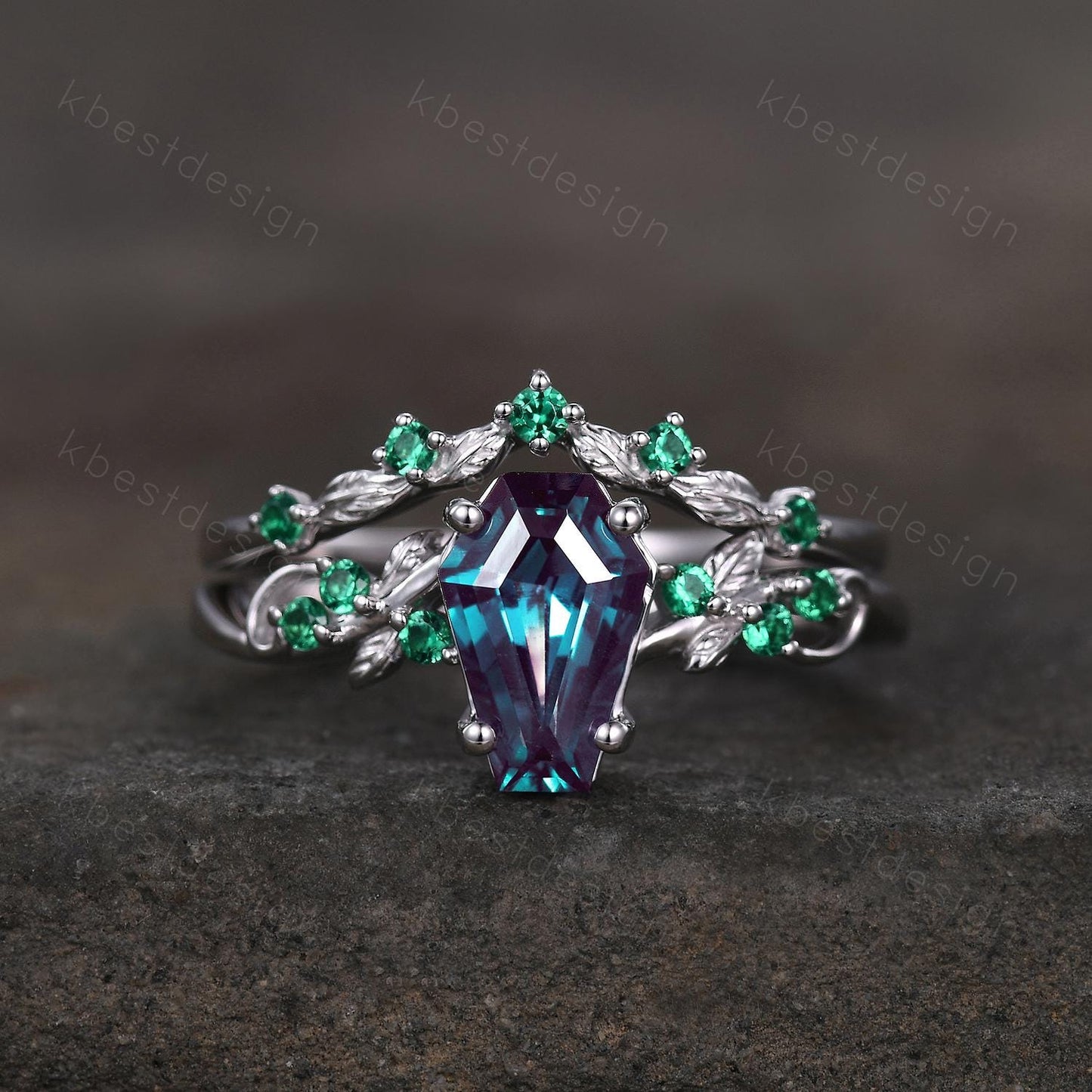 Coffin cut Alexandrite Engagement Ring Set Art Deco Branch Design Leaf Ring Curved Emerald Stacking Band Unique Bridal Promise Ring Gift