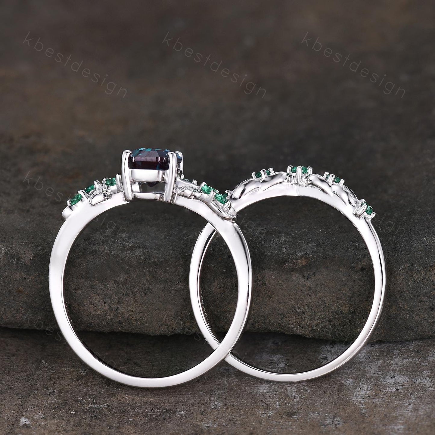 Coffin cut Alexandrite Engagement Ring Set Art Deco Branch Design Leaf Ring Curved Emerald Stacking Band Unique Bridal Promise Ring Gift