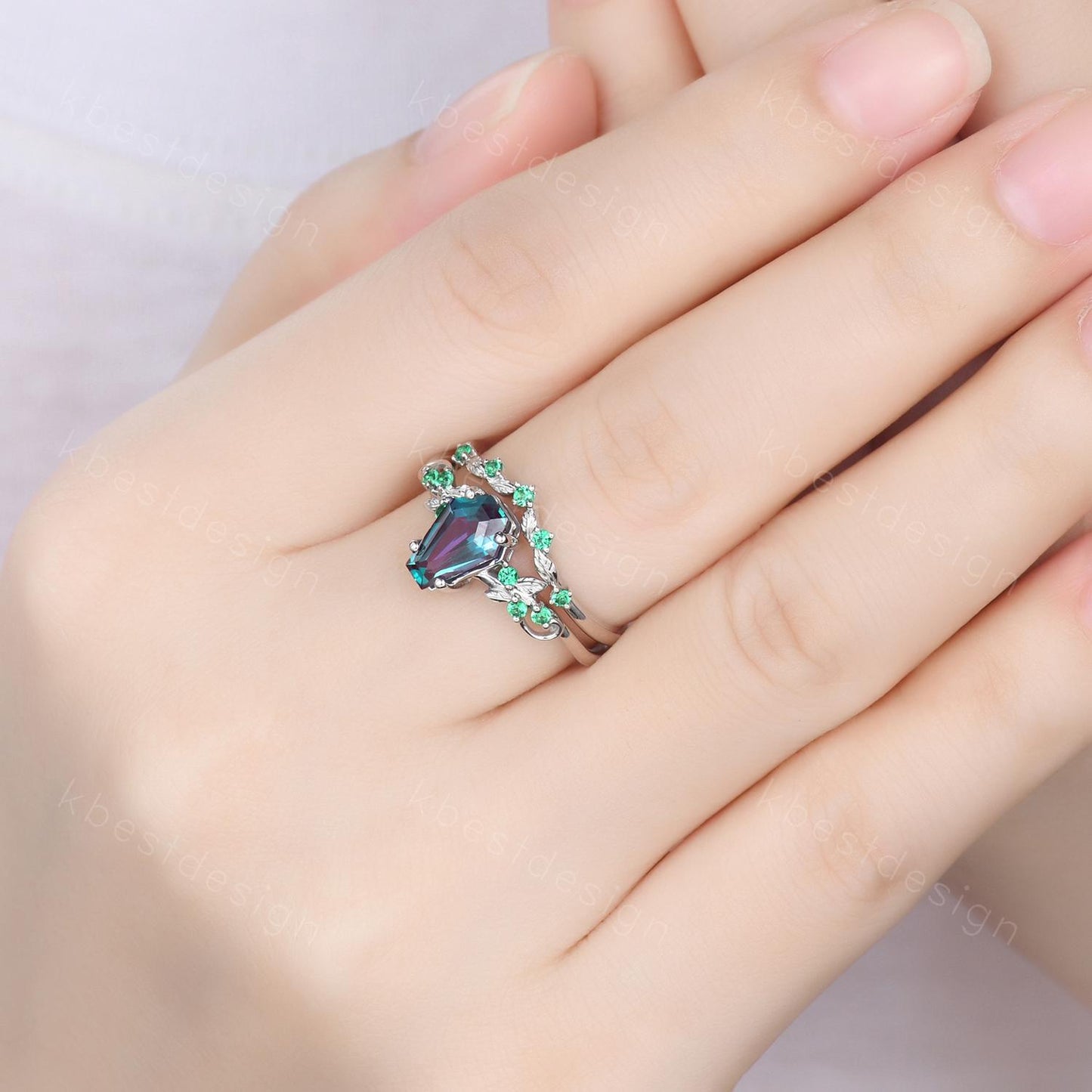 Coffin cut Alexandrite Engagement Ring Set Art Deco Branch Design Leaf Ring Curved Emerald Stacking Band Unique Bridal Promise Ring Gift