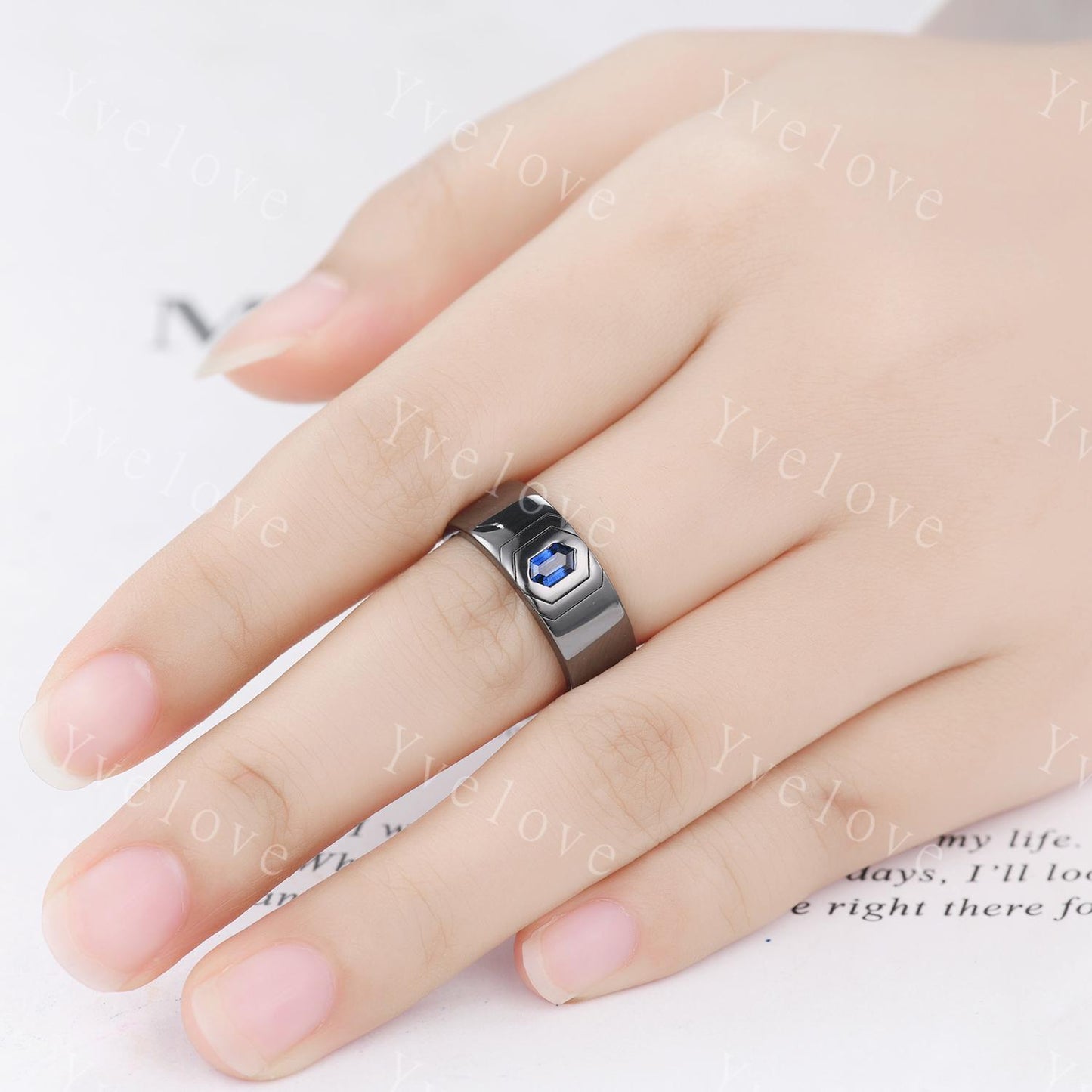 7mm Black Gold Mens Hexagon Sapphire Wedding Band Blue Sapphire Engagement Ring Smooth Band Mens Stacking Band Promise Ring Anniversary Gift