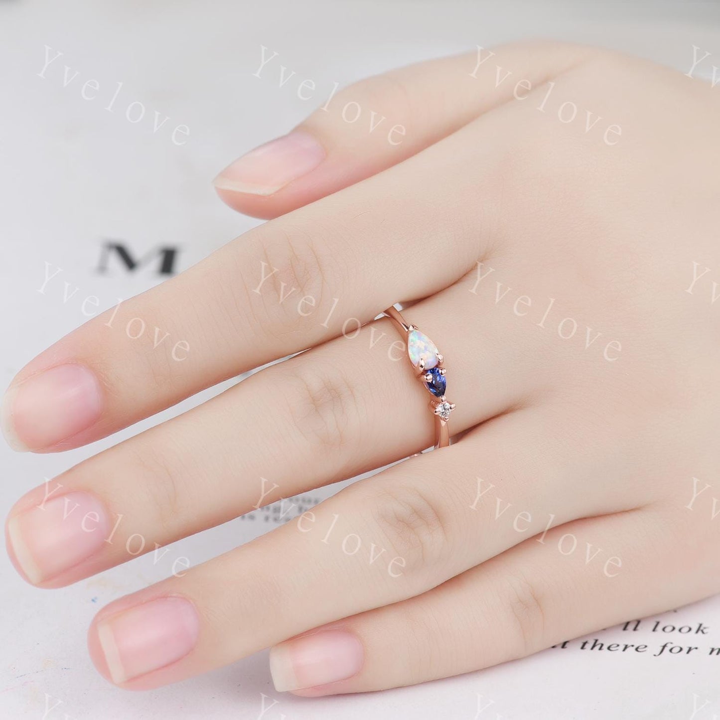 Vintage Opal Sapphire Engagement Ring,Pear Cut Gems,Art Deco Moissanite Wedding Band,3 Stone Unique Women Bridal Promise Ring,Customized