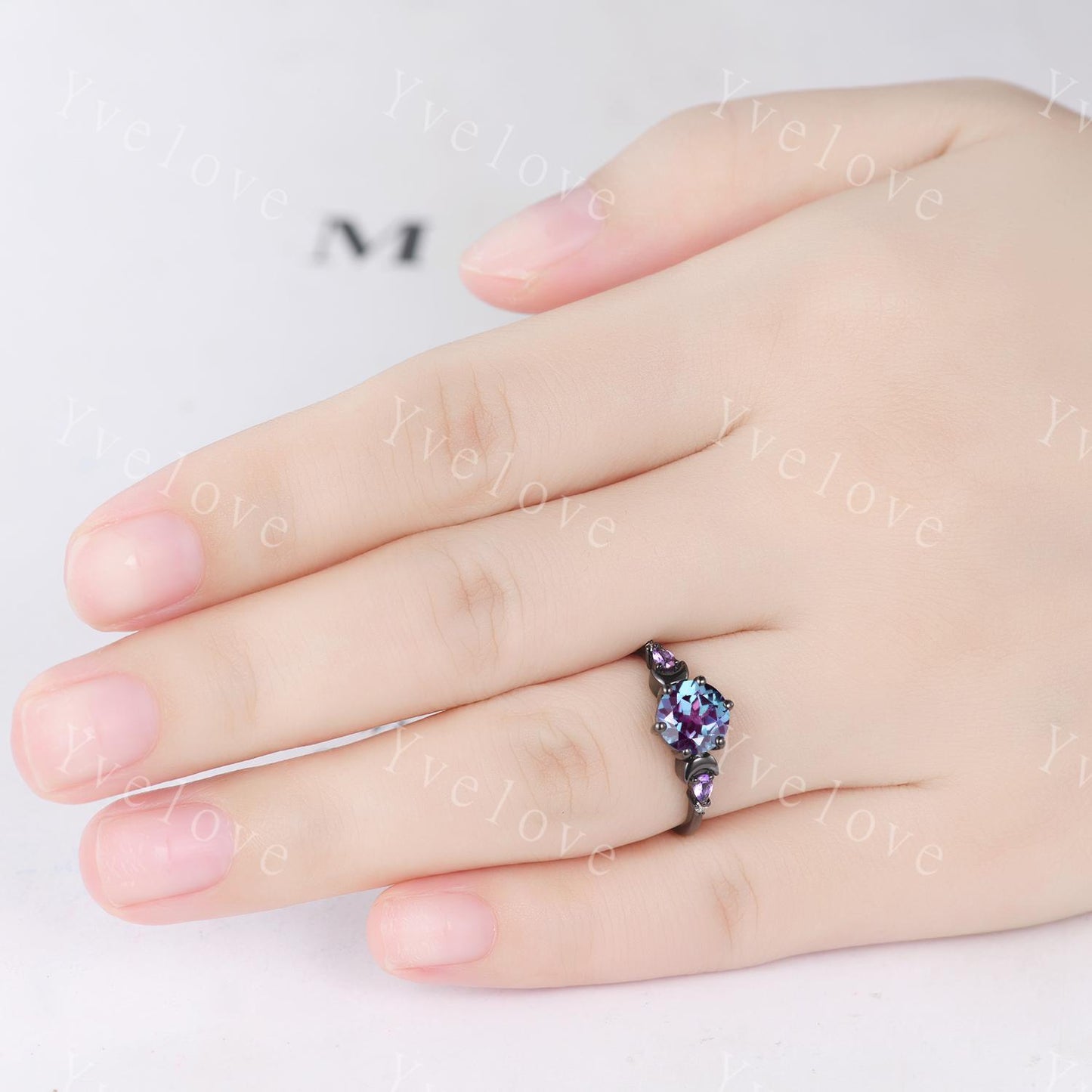 Unique round cut alexandrite ring black gold amethyst moon engagement ring diamond bridal wedding ring set women jewelry promise ring gift