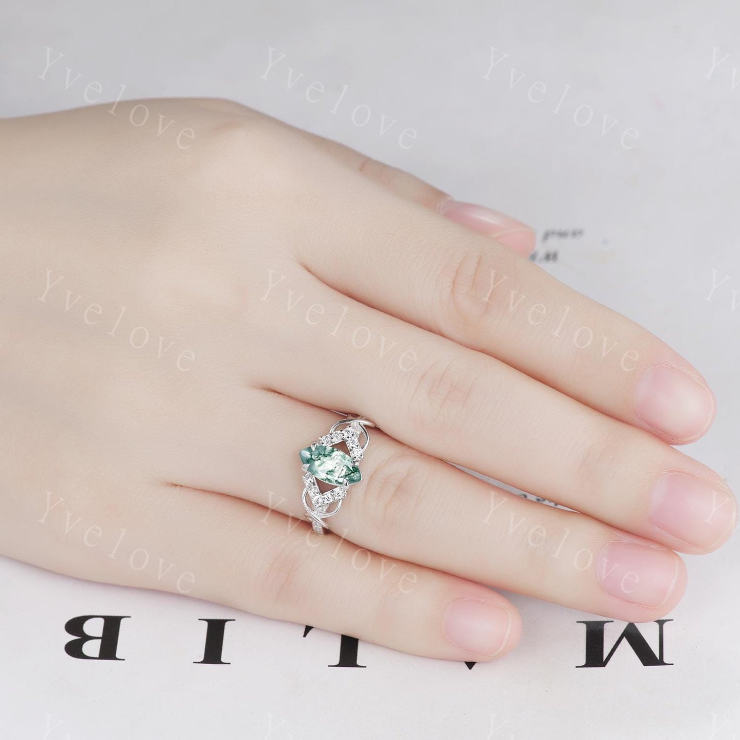 Unique marquise cut moss agate engagement ring white gold engagement ring dainty diamond bridal twist ring promise ring anniversary gift