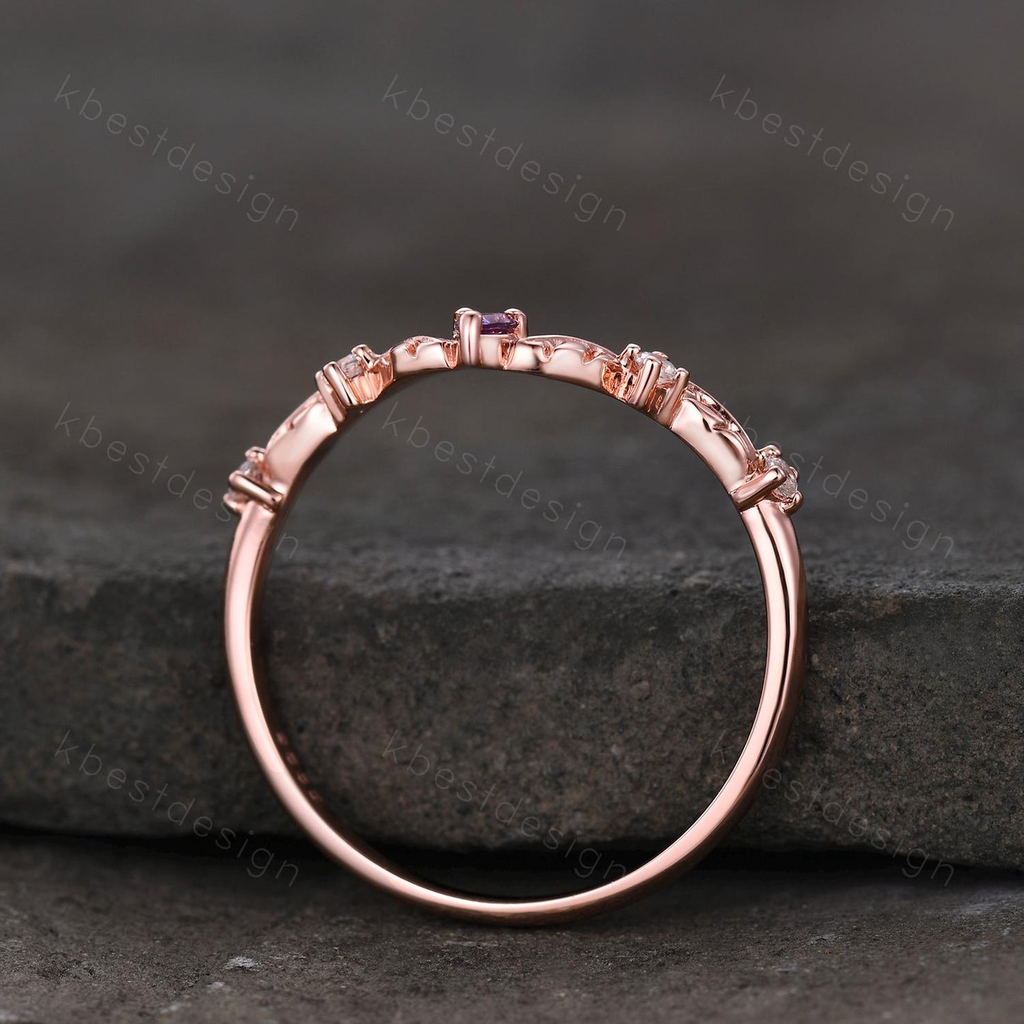 Unique Curved Amethyst Wedding Band Women Rose Gold Band Nature Leaf Style Stacking Moissanite Band Bridal Anniversary Ring