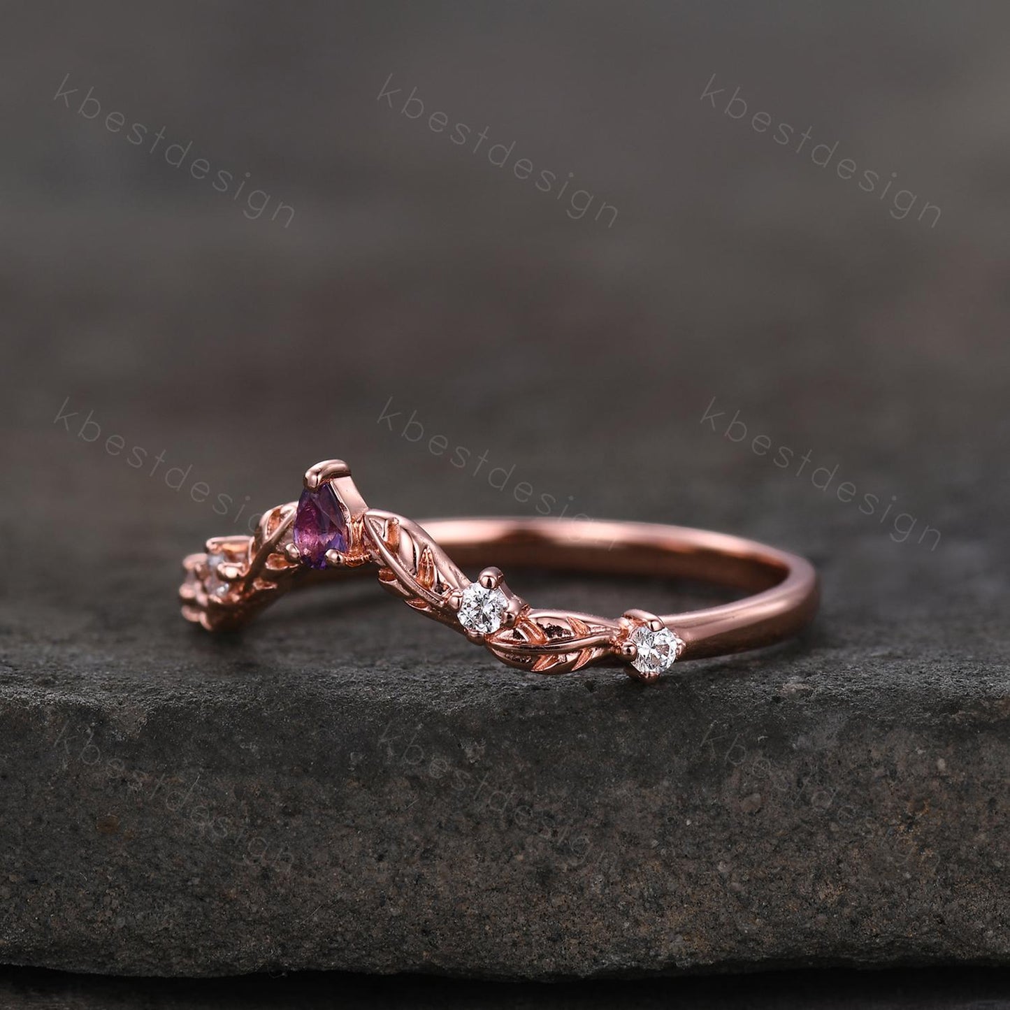 Unique Curved Amethyst Wedding Band Women Rose Gold Band Nature Leaf Style Stacking Moissanite Band Bridal Anniversary Ring