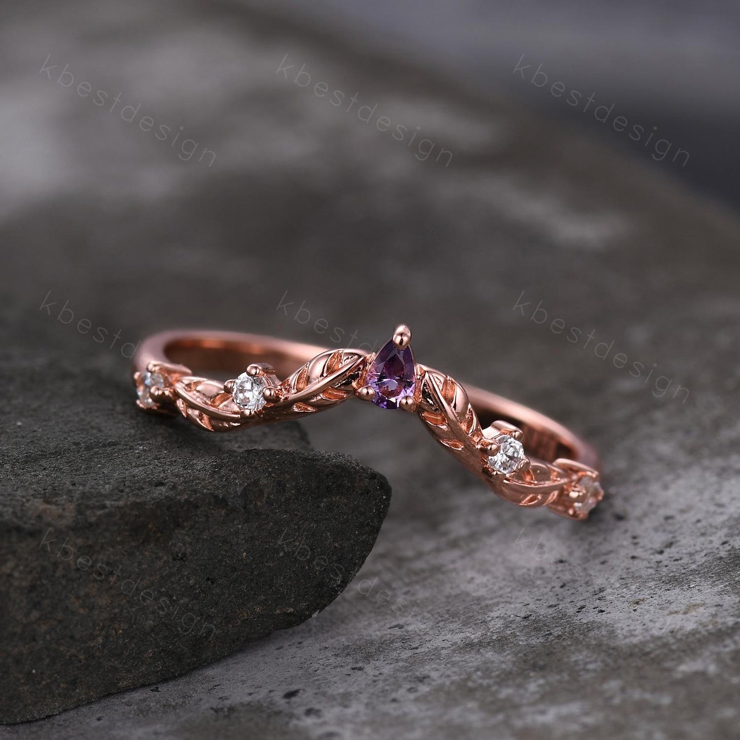 Unique Curved Amethyst Wedding Band Women Rose Gold Band Nature Leaf Style Stacking Moissanite Band Bridal Anniversary Ring