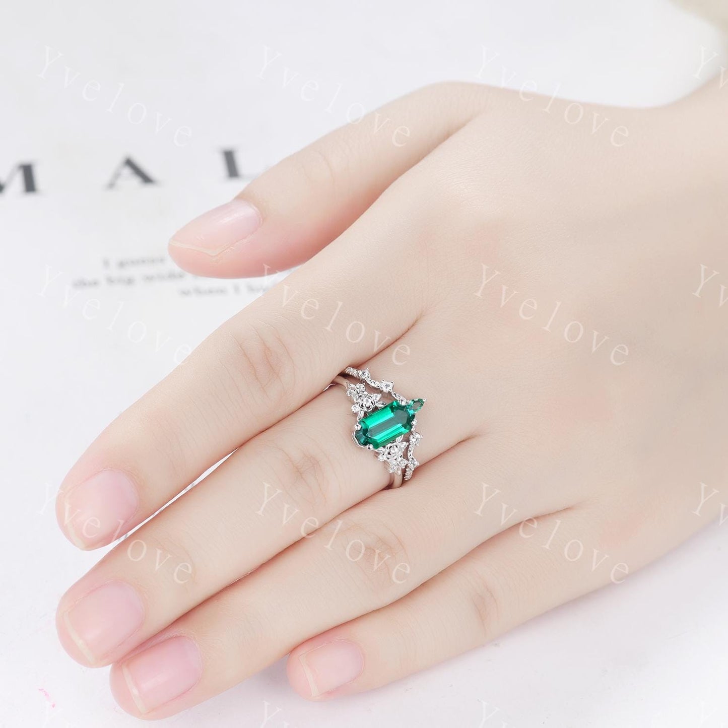 Emerald engagement ring,Art deco leaf flower emerald ring,14k white gold,Curved emerald stacking wedding band,Unique Bridal Promise Gift