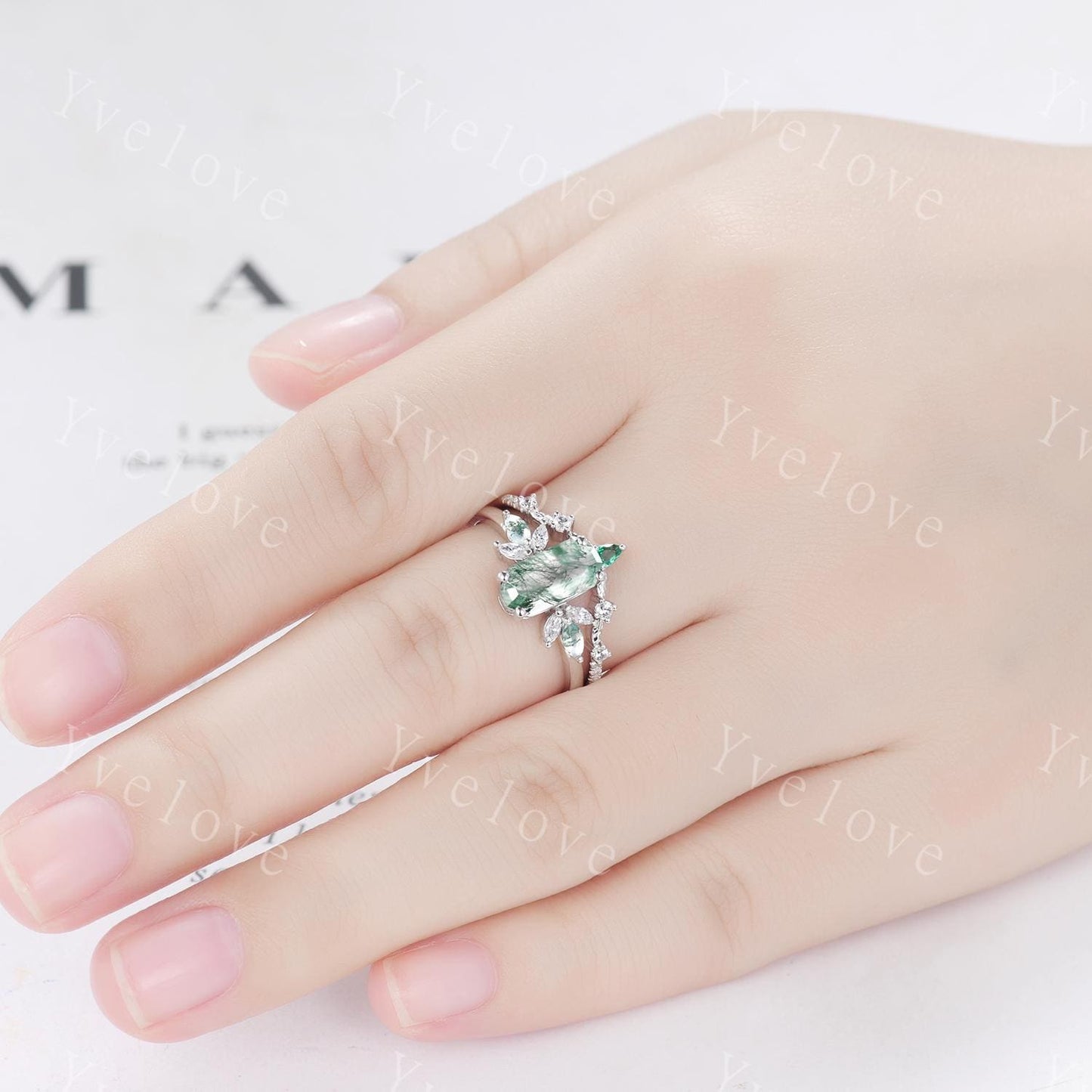 Vintage Emerald cut Moss Agate Engagement Ring,Unique Bridal Ring Marquise Moissanite Emerald Wedding Band Promise Ring Gift 925 Silver