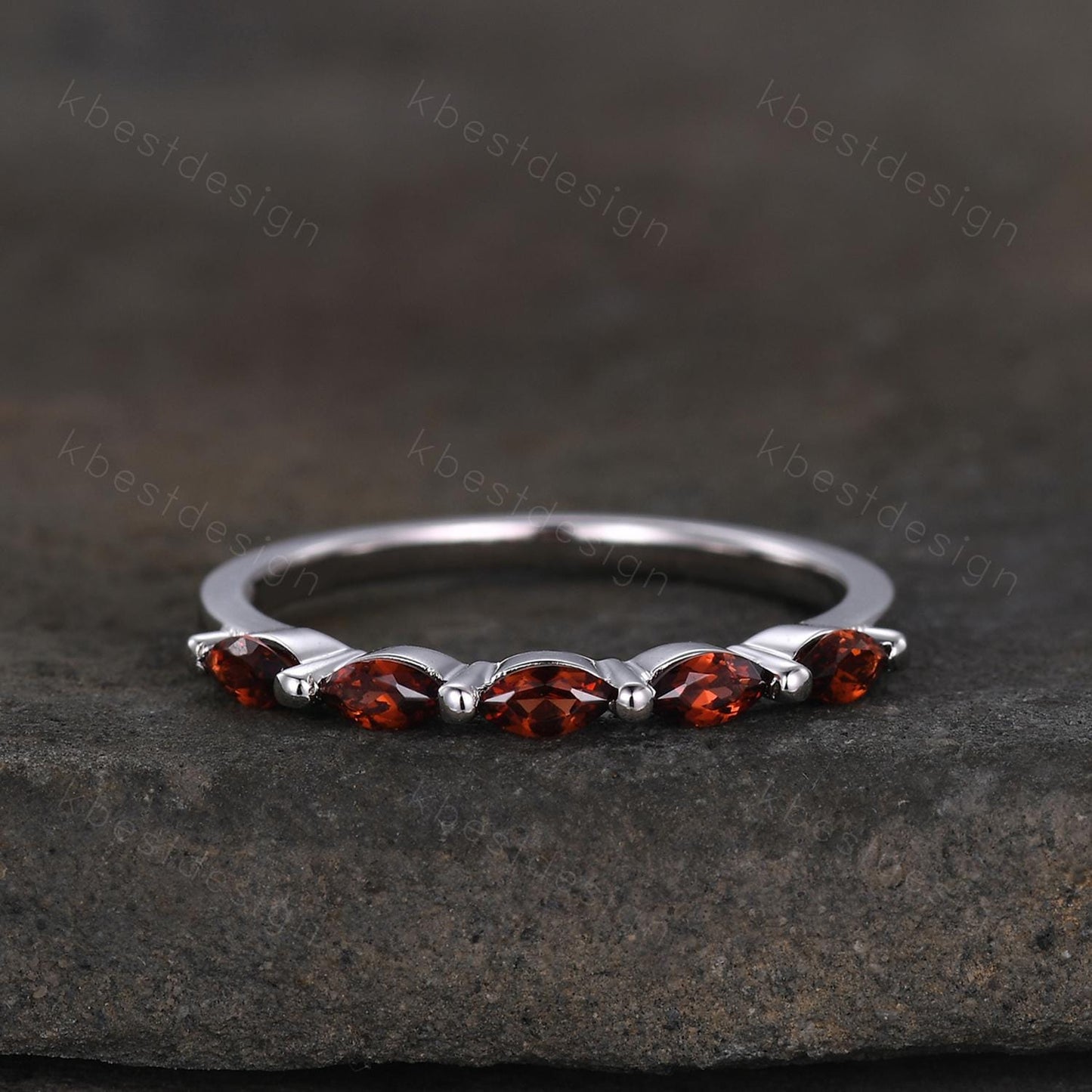 Marquise cut Garnet Wedding Band,White Gold Wedding Band,Unique Five Stone Ring,January Birthstone Jewelry,Gift For Mom,Personalized Ring