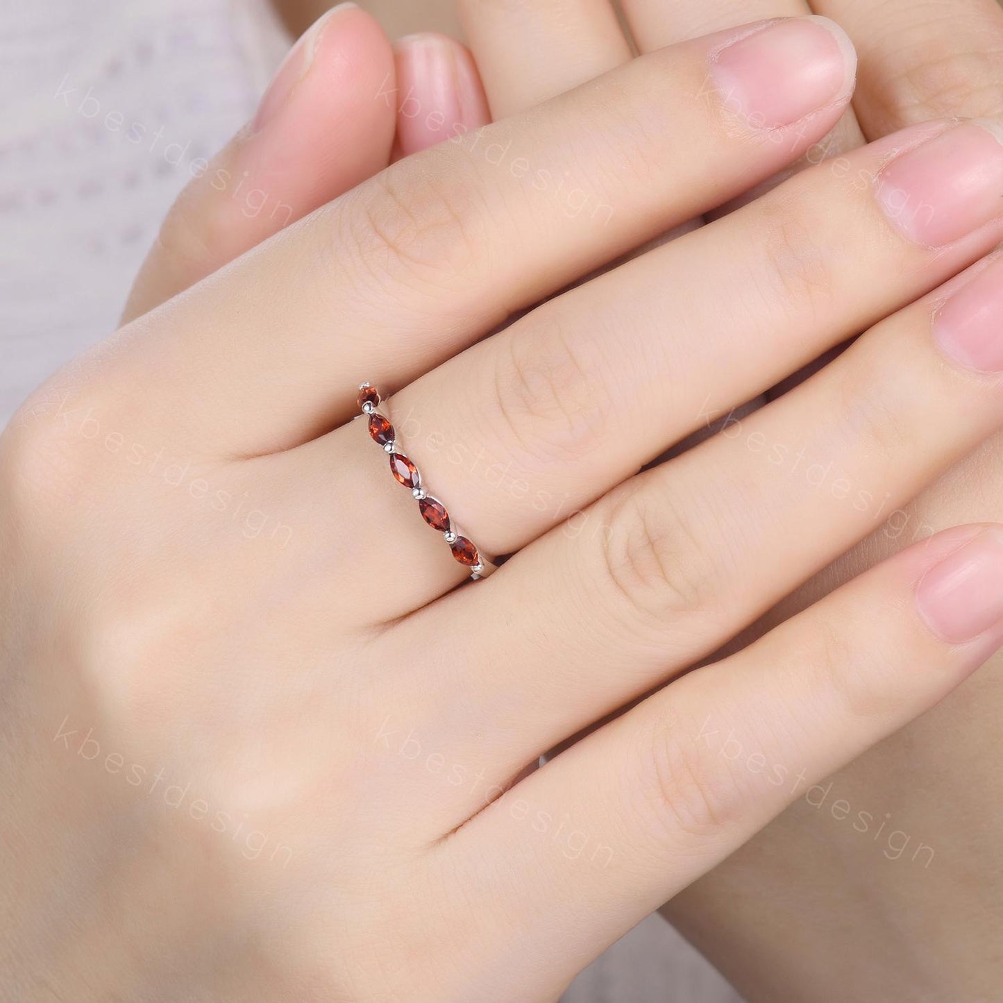 Marquise cut Garnet Wedding Band,White Gold Wedding Band,Unique Five Stone Ring,January Birthstone Jewelry,Gift For Mom,Personalized Ring