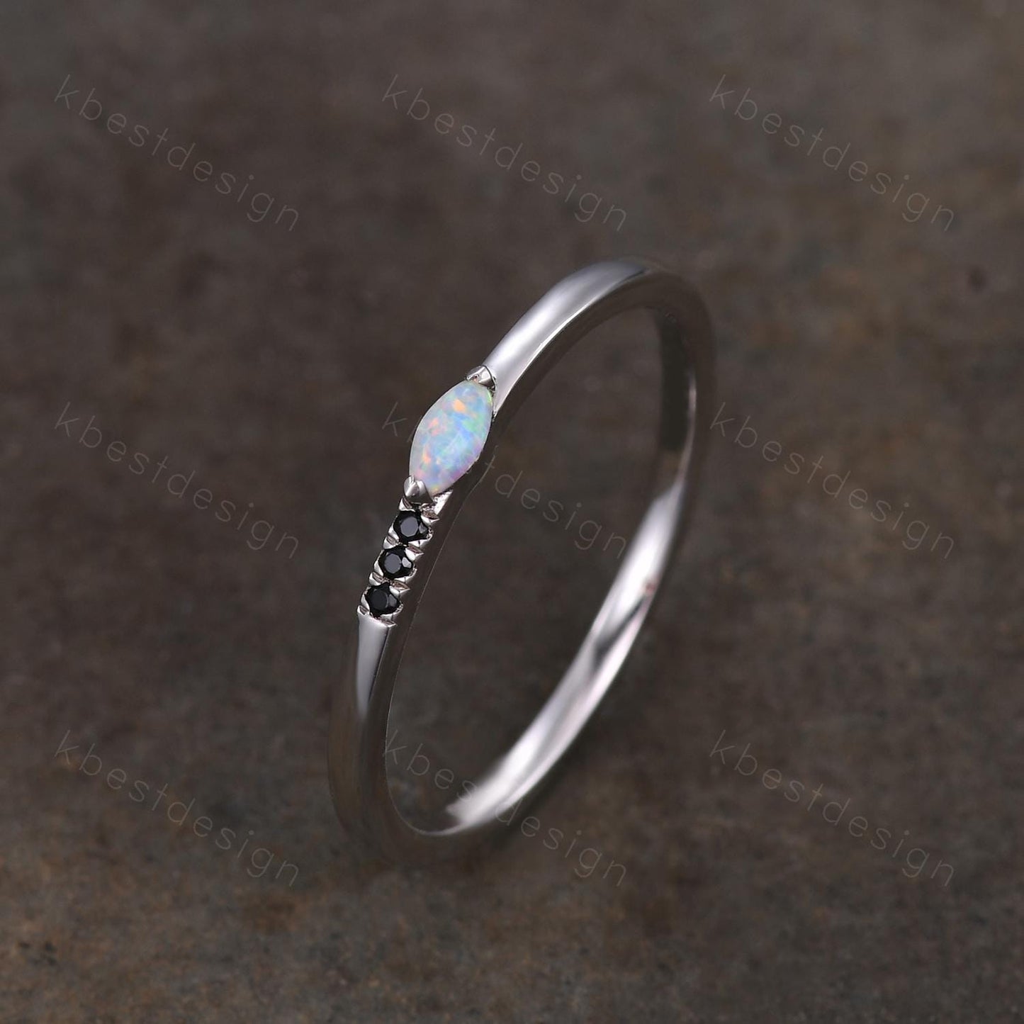 Minimalist Opal wedding band silver Black spinel band dainty marquise cut opal ring Unique stacking matching band Promise Anniversary gift