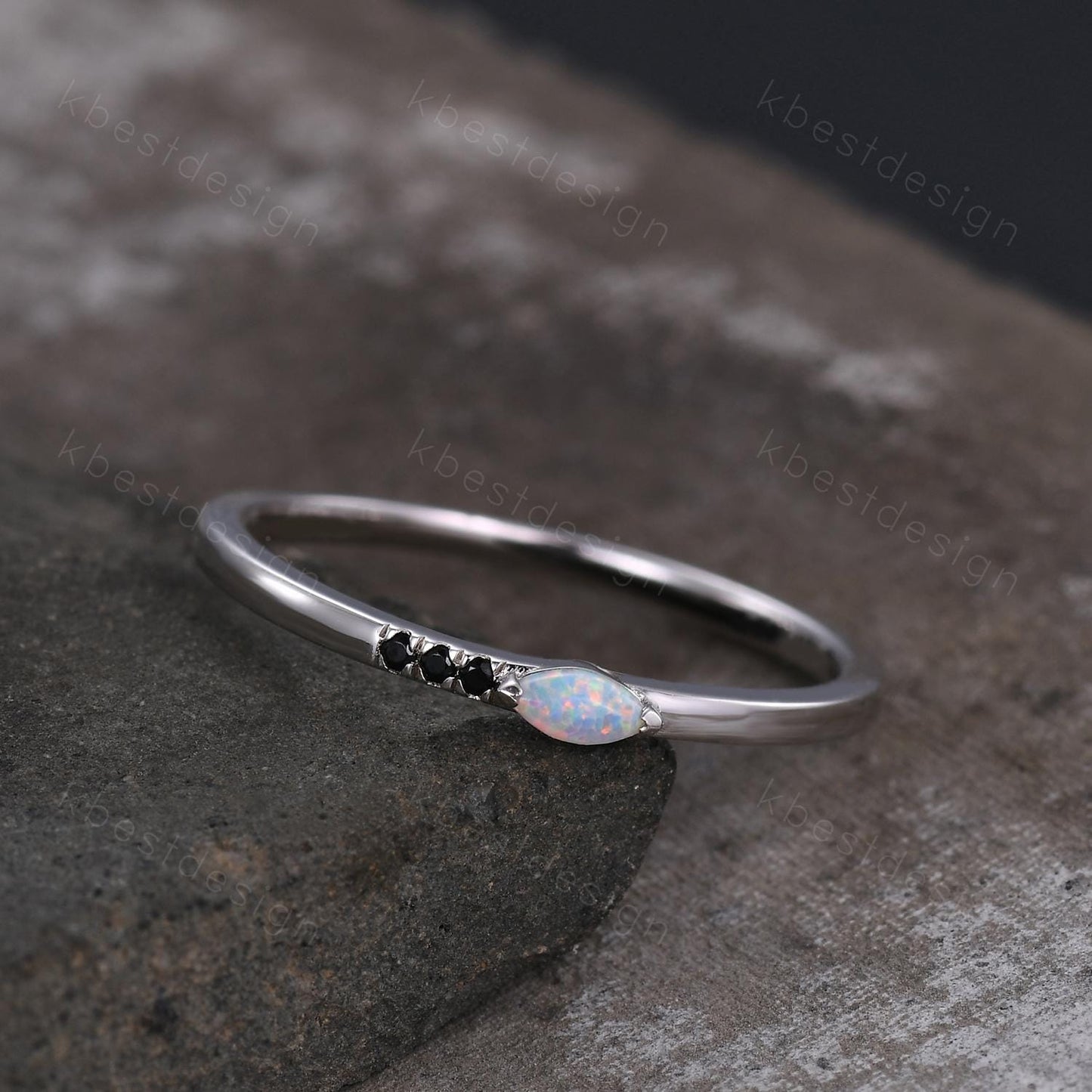 Minimalist Opal wedding band silver Black spinel band dainty marquise cut opal ring Unique stacking matching band Promise Anniversary gift