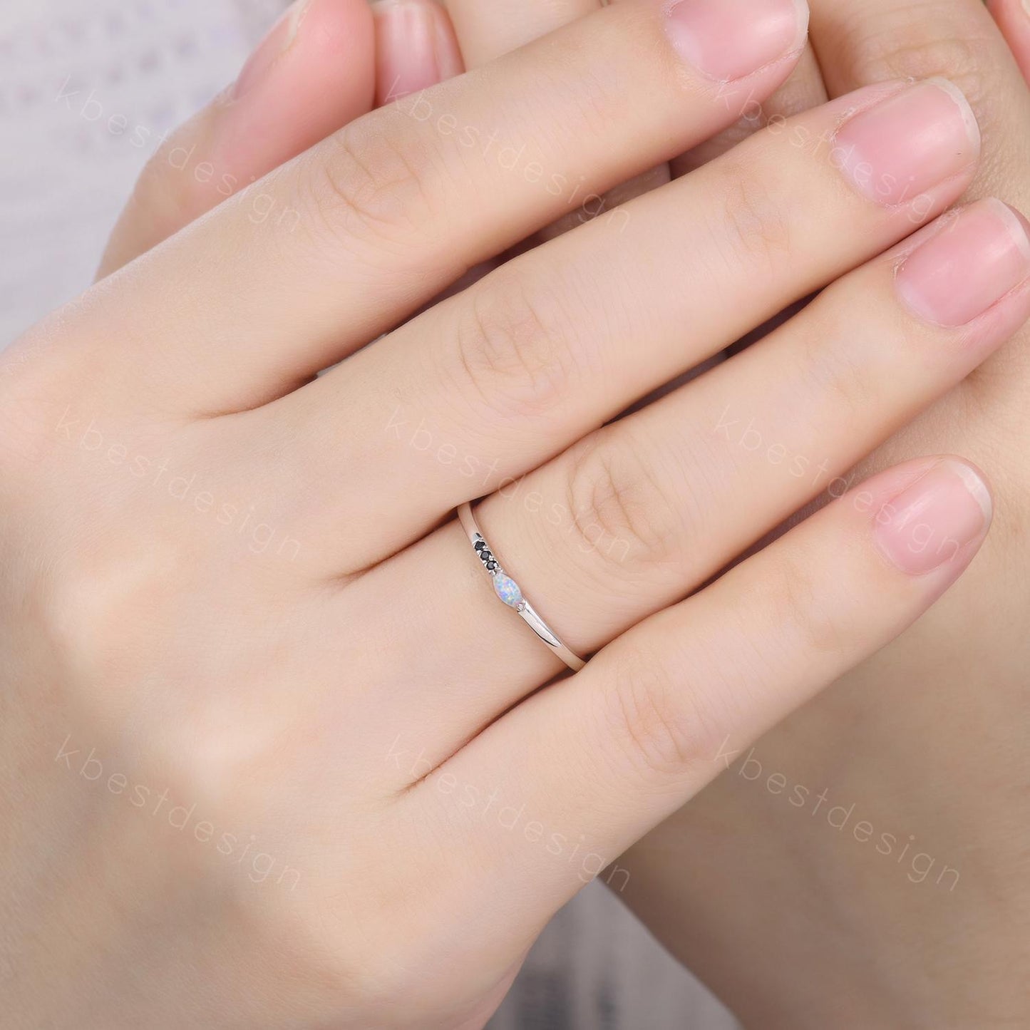 Minimalist Opal wedding band silver Black spinel band dainty marquise cut opal ring Unique stacking matching band Promise Anniversary gift