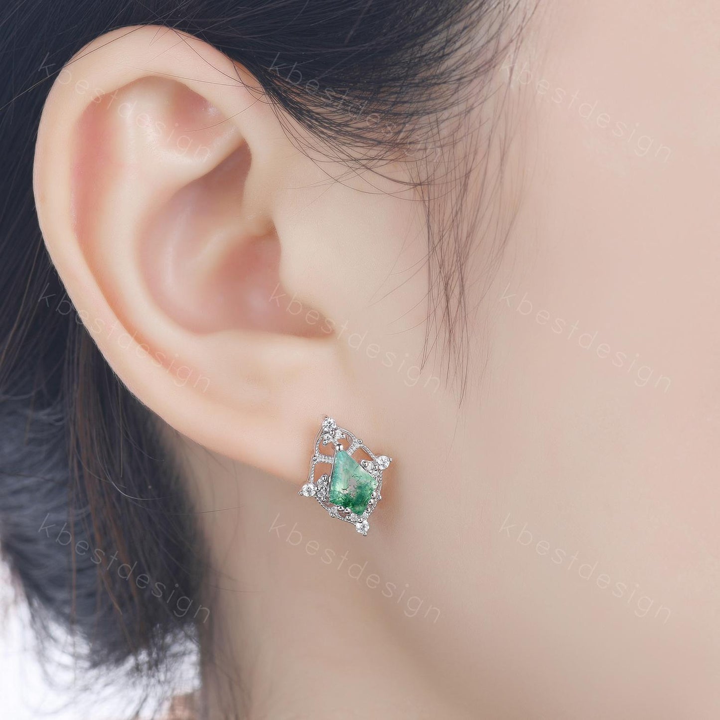 Art deco moss agate earrings women sterling silver earring studs kite cut earrings vintage green agate studs anniversary gift for her