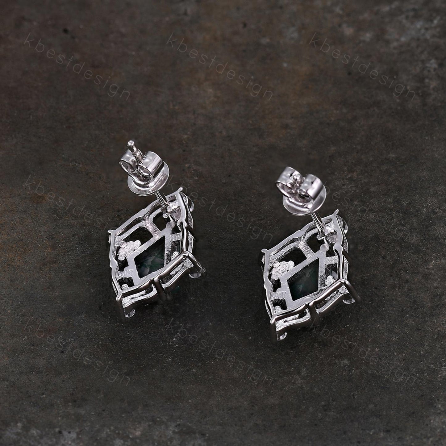 Art deco moss agate earrings women sterling silver earring studs kite cut earrings vintage green agate studs anniversary gift for her