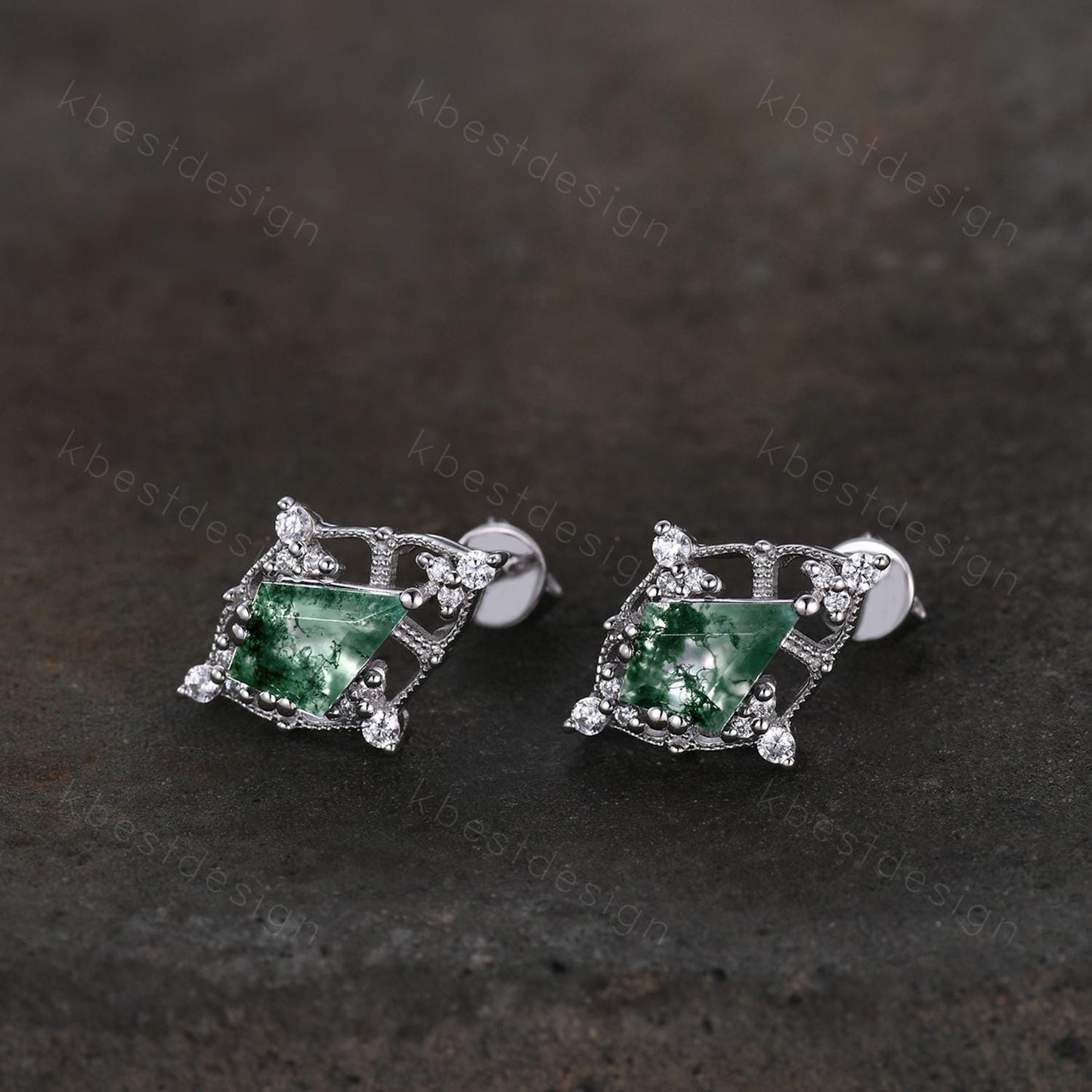 Art deco moss agate earrings women sterling silver earring studs kite cut earrings vintage green agate studs anniversary gift for her