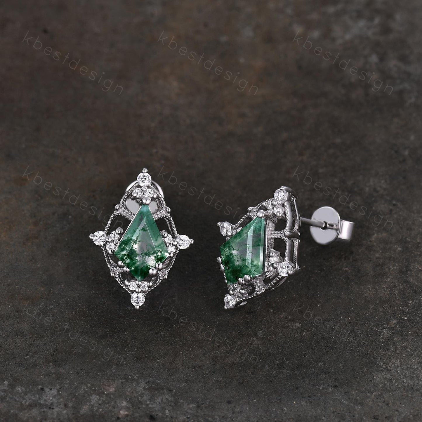 Art deco moss agate earrings women sterling silver earring studs kite cut earrings vintage green agate studs anniversary gift for her