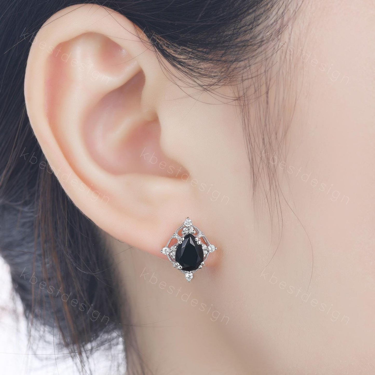 Black ritulated quartz earrings women sterling silver earring studs pear cut earrings vintage quartz studs antique anniversary gift for her