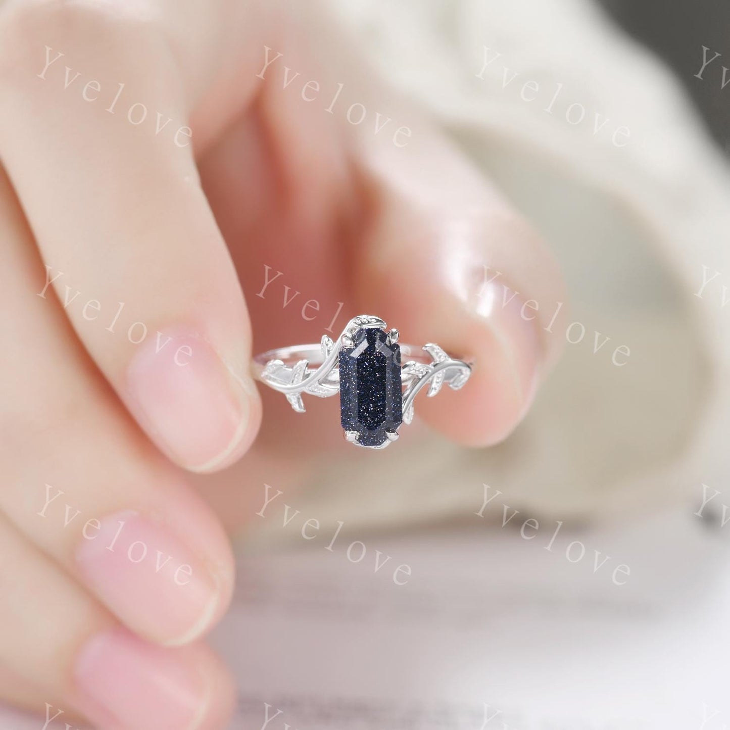 Art deco Blue Sandstone Twig Engagement Ring Set,leaves emerald ring,Silver,Curved emerald stacking wedding band,Unique Bridal Promise Gift