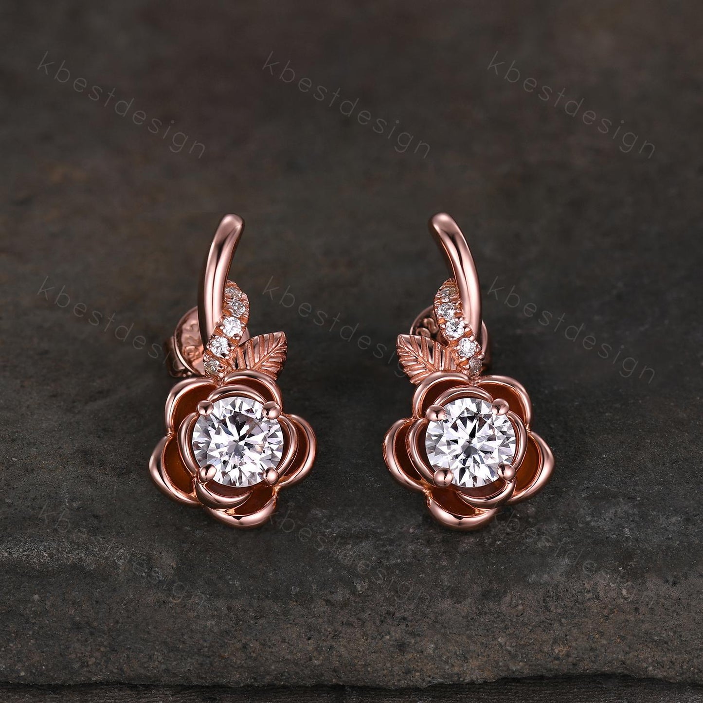 Floral inspired moissanite earrings women rose gold earring studs branch leaf earrings art deco moissanite studs anniversary gift for her