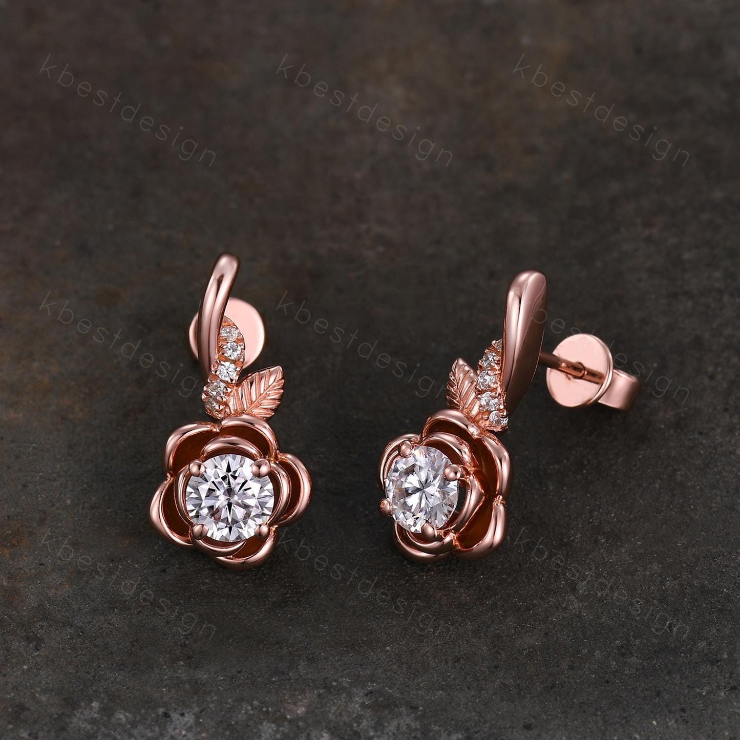 Floral inspired moissanite earrings women rose gold earring studs branch leaf earrings art deco moissanite studs anniversary gift for her